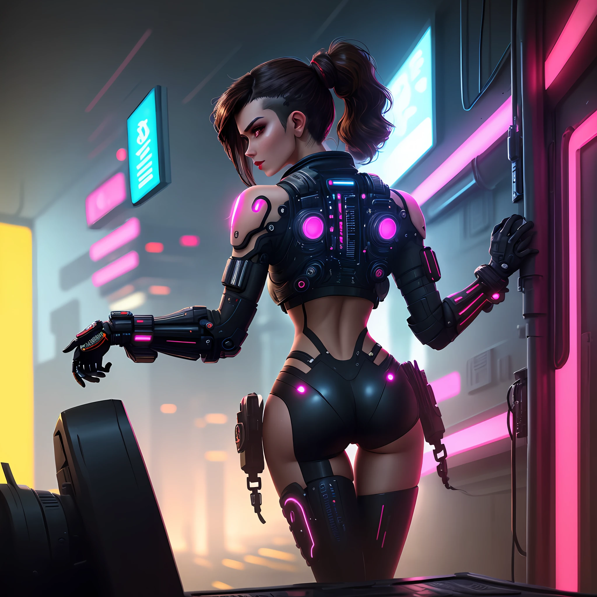 midshot, backview of a stuningly beautiful brunette woman with one high ponytail, hands placed in her lower back, red glossy lips, neon lights, futuristic, full cyborg body, inspired by cyberpunk 2077, highly intricate image, detailed background, bold lights, backlights, volumentric lights, raytracing, dark ambient, 32k resolution, higher quality