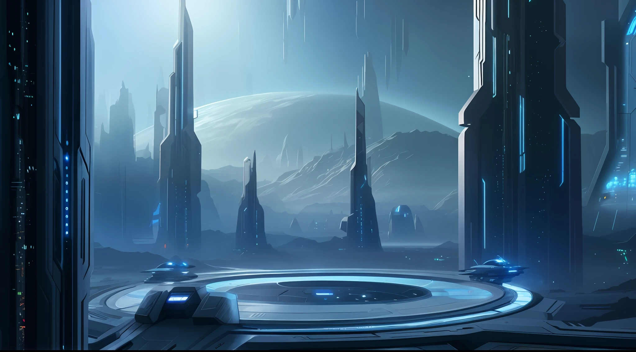 spaceships in a sci - fi environment with a planet in the background, futuristic setting, futuristic environment, sci fi landscape, scifi landscape, scifi background, sci-fi fantasy wallpaper, futuristic landscape, sci - fi landscape, sci-fi landscape, futuristic space port, sci-fi fantasy desktop wallpaper, 8k hd concept art, sci-fi space game art