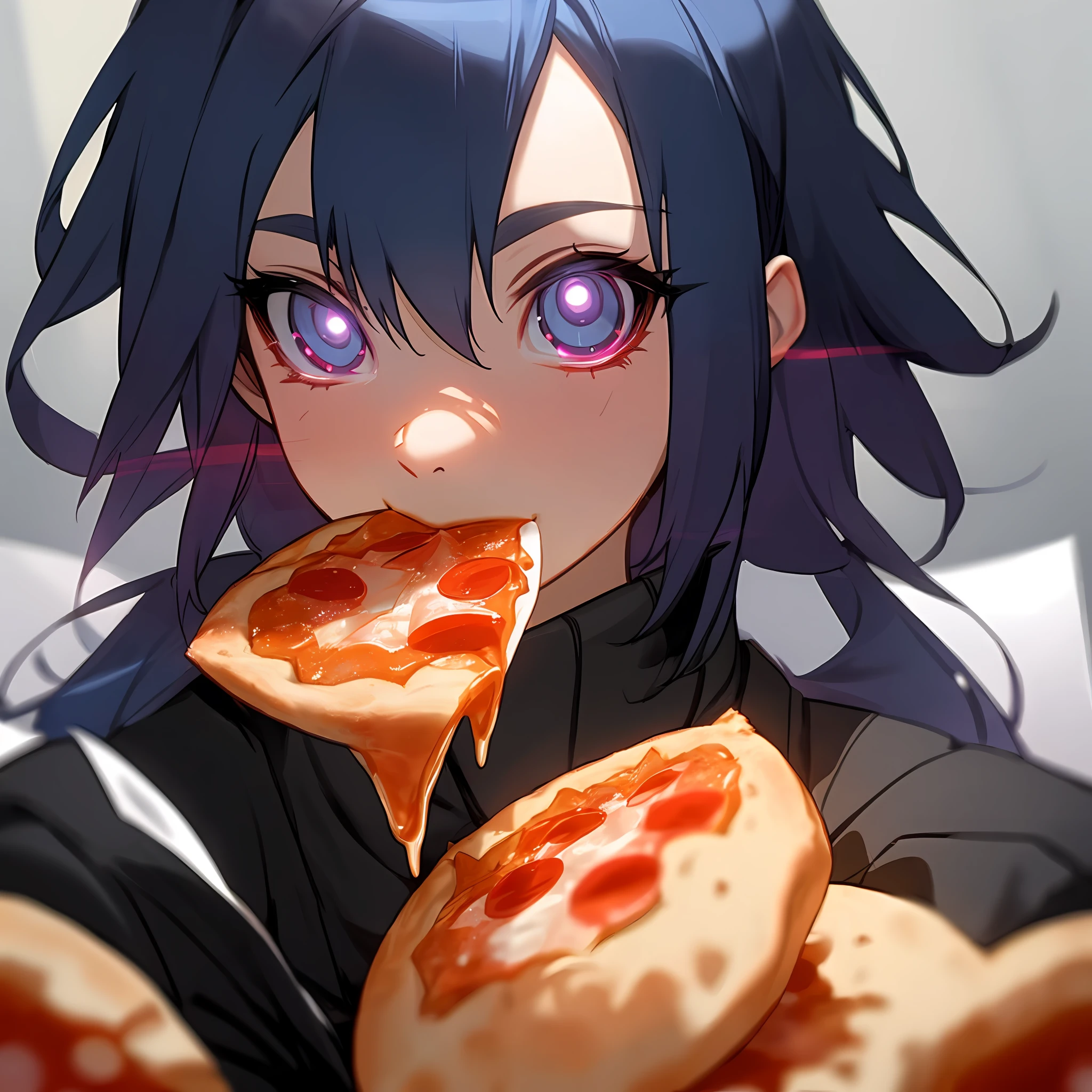 konan Eating on office paper-flavored pizza, glowing eyes, delicious,