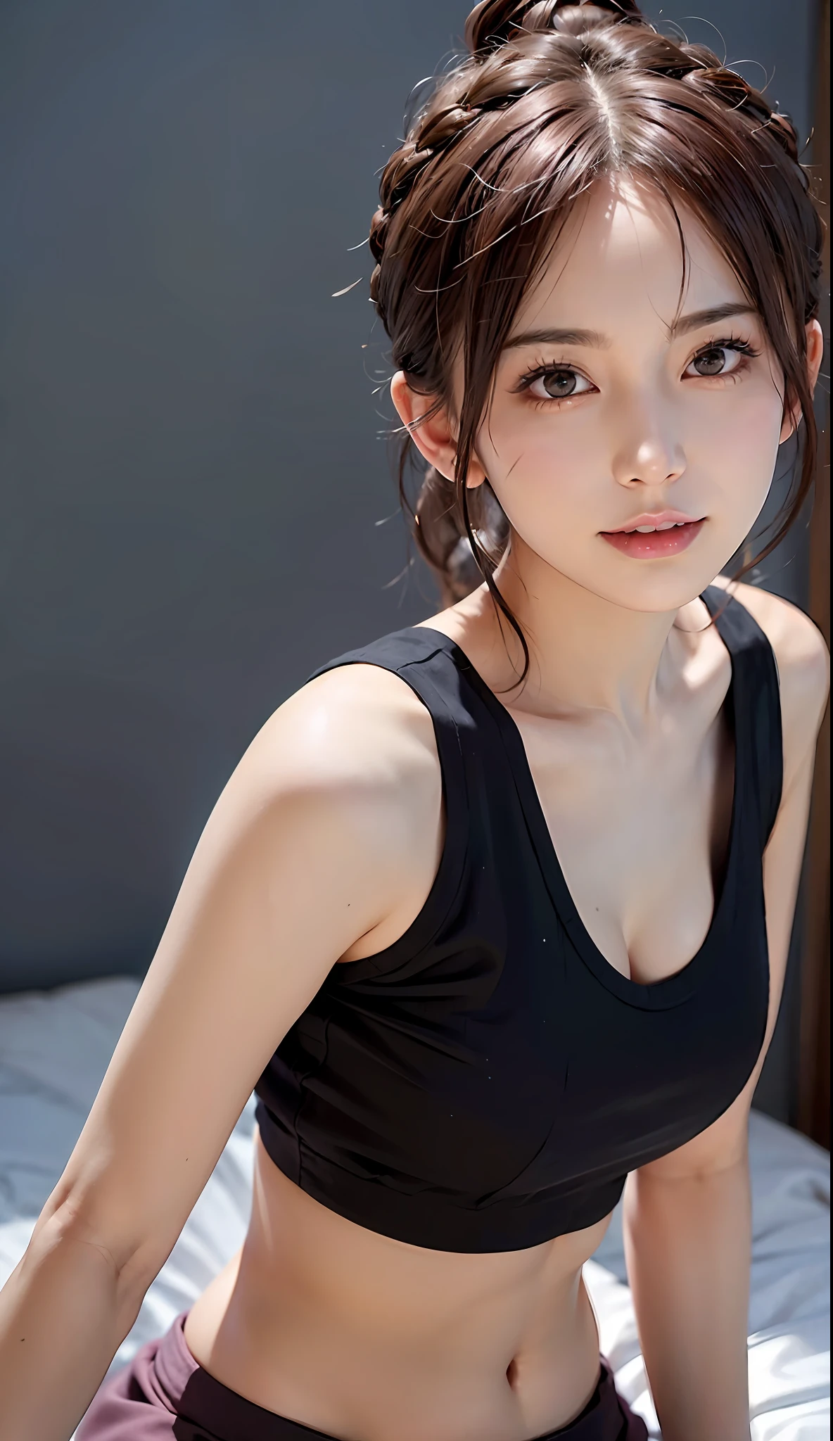 (RAW photo, best quality), (realistic, photo-realistic:1.3), best quality ,masterpiece, an extremely delicate and beautiful, extremely detailed ,CG ,unity ,2k wallpaper, Amazing, finely detail, masterpiece, light smile, best quality, extremely detailed CG unity 8k wallpaper, huge filesize , ultra-detailed, highres, extremely detailed, 1girl, slim body, small breasts, (black leotard top:0.7), (pink skirt:1.2), (bun hair), (brown hair), looking at looking at viewer, sharp focus, face close-up, nsfw,,,, pureerosface_v1:0.8 short hair,