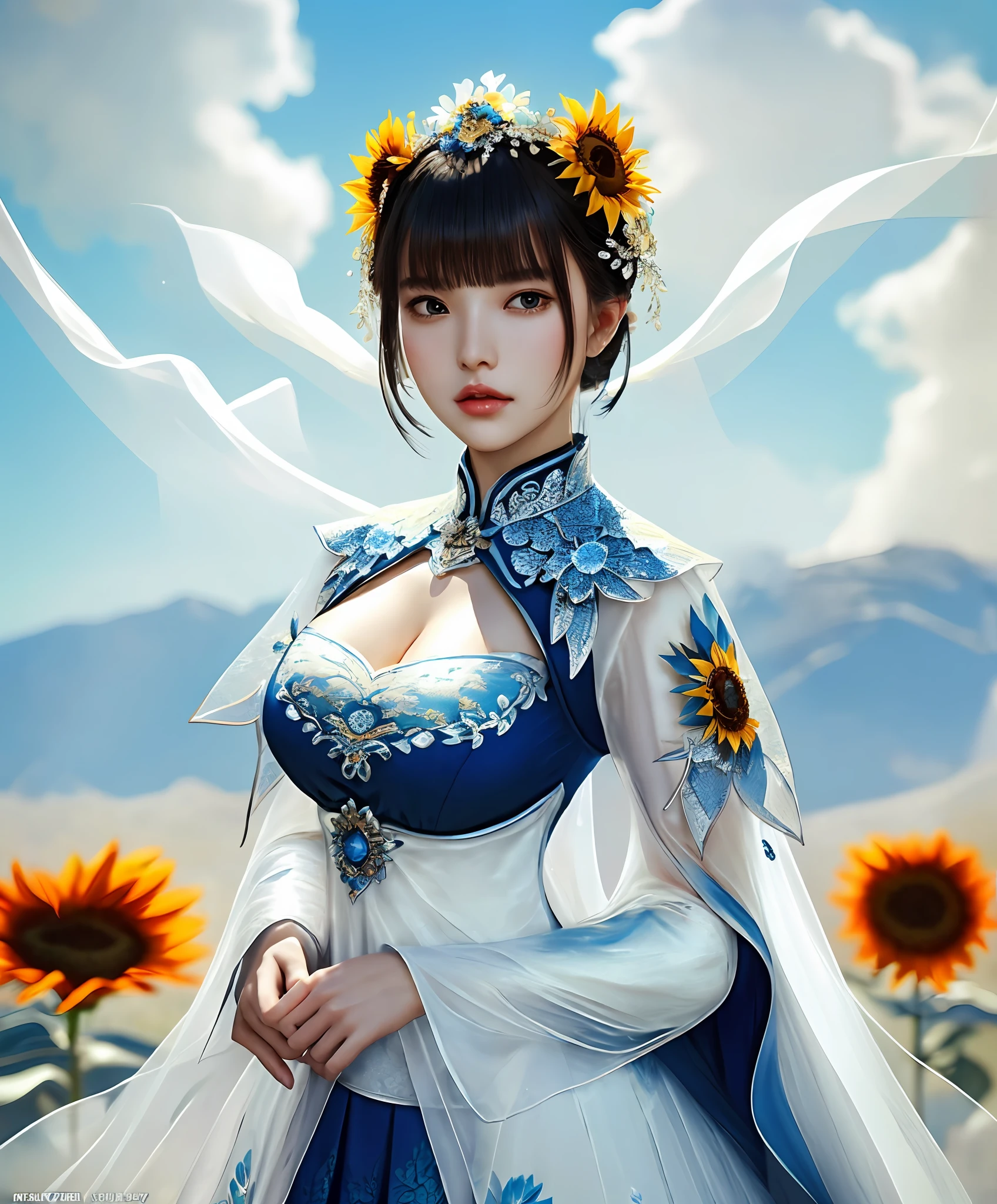 a sexy woman in a white gold and blue sunflower lace armor skirt, chengwei pan on artstation, by Yang J, detailed fantasy art, stunning character art, fanart best artstation, epic exquisite character art, beautiful armor, extremely detailed artgerm, detailed digital anime art, artgerm on artstation pixiv, armor girl, cleavage big breasts:1.2, (mini skirt:1,5)