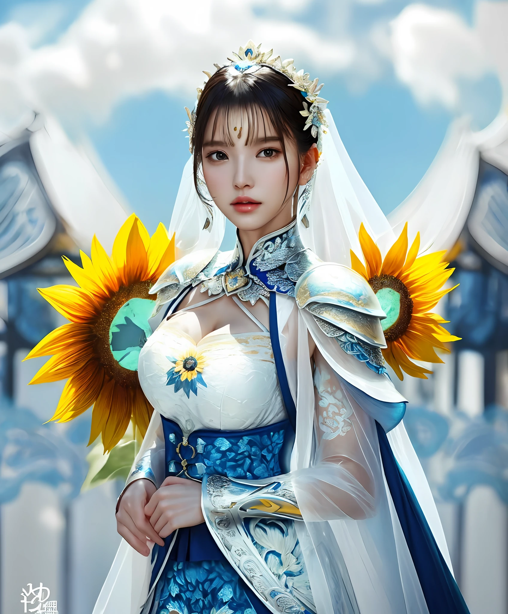 a sexy woman in a white gold and blue sunflower lace armor skirt, chengwei pan on artstation, by Yang J, detailed fantasy art, stunning character art, fanart best artstation, epic exquisite character art, beautiful armor, extremely detailed artgerm, detailed digital anime art, artgerm on artstation pixiv, armor girl, cleavage big breasts:1.2, (mini skirt:1,5)