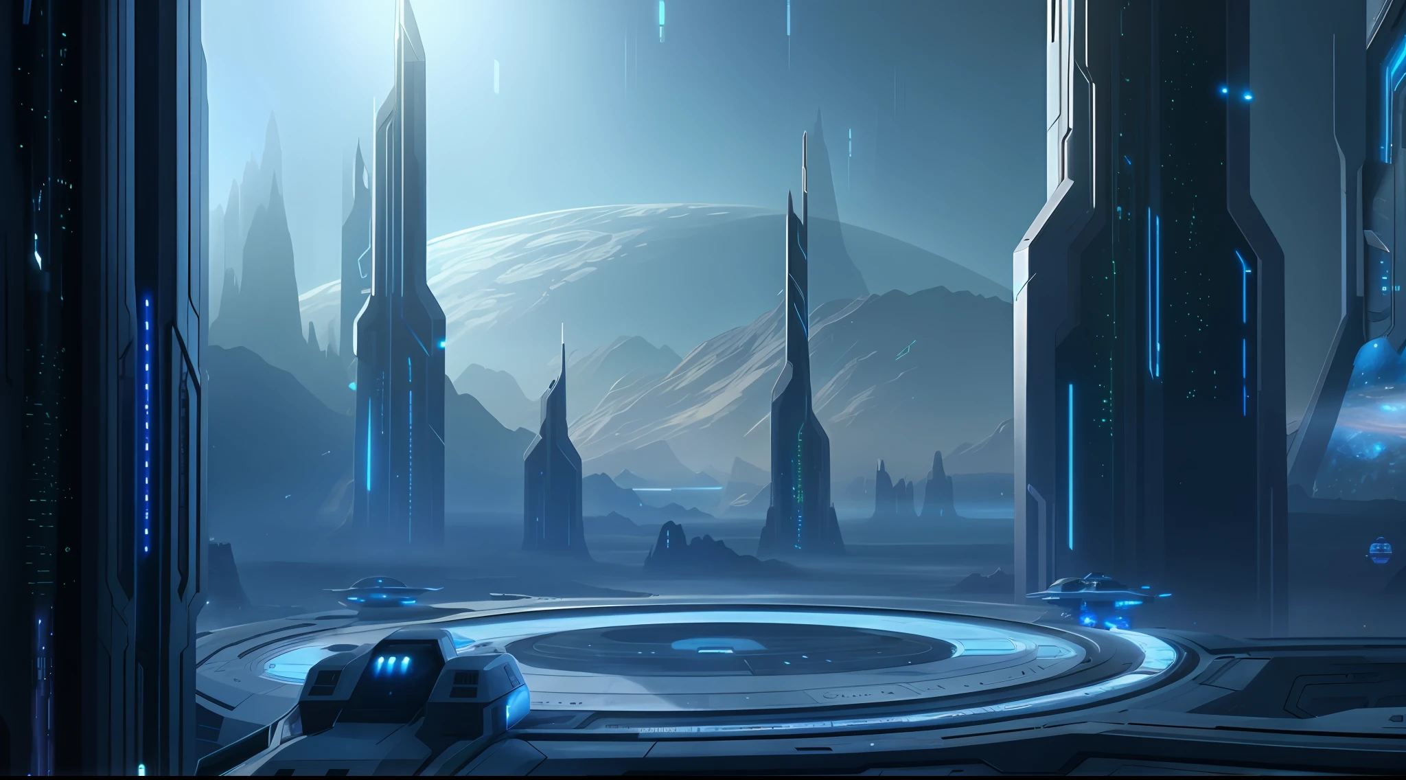 spaceships in a sci - fi environment with a planet in the background, futuristic setting, futuristic environment, sci fi landscape, scifi landscape, scifi background, sci-fi fantasy wallpaper, futuristic landscape, sci - fi landscape, sci-fi landscape, futuristic space port, sci-fi fantasy desktop wallpaper, 8k hd concept art, sci-fi space game art