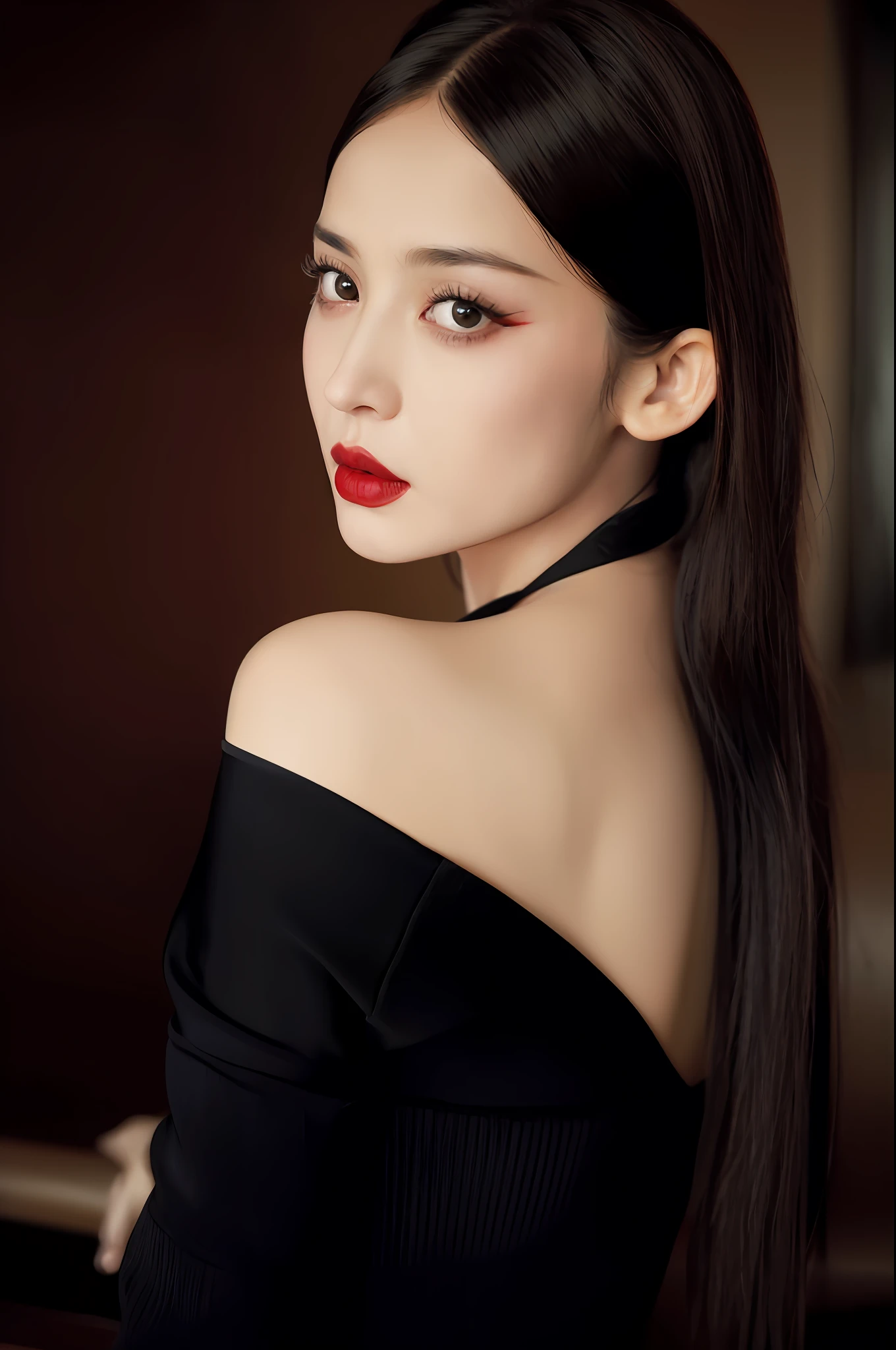 arafed woman with long black hair and red lipstick posing for a picture, dilraba dilmurat, fan bingbing, sha xi, gorgeous chinese model, jingna zhang, ruan jia beautiful!, inspired by Huang Ji, jia, li zixin, inspired by Dai Xi, inspired by Zhang Yan, lu ji, xianxia