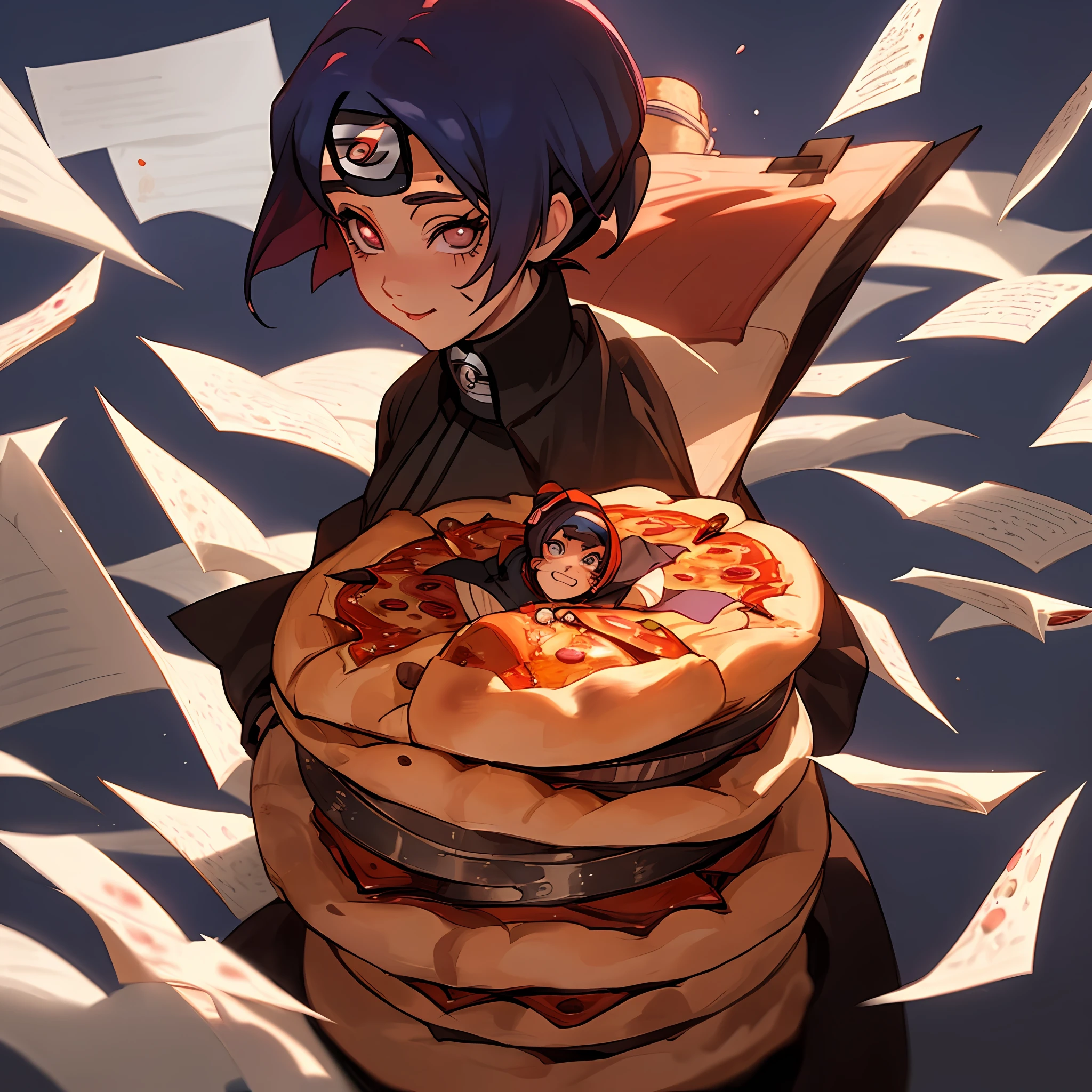 An indulgent ((Konan from Naruto)), savoring office ((paper-flavored pizza ))with glowing eyes and relishing every moment of the delicious experience, so cute, cowboy shot