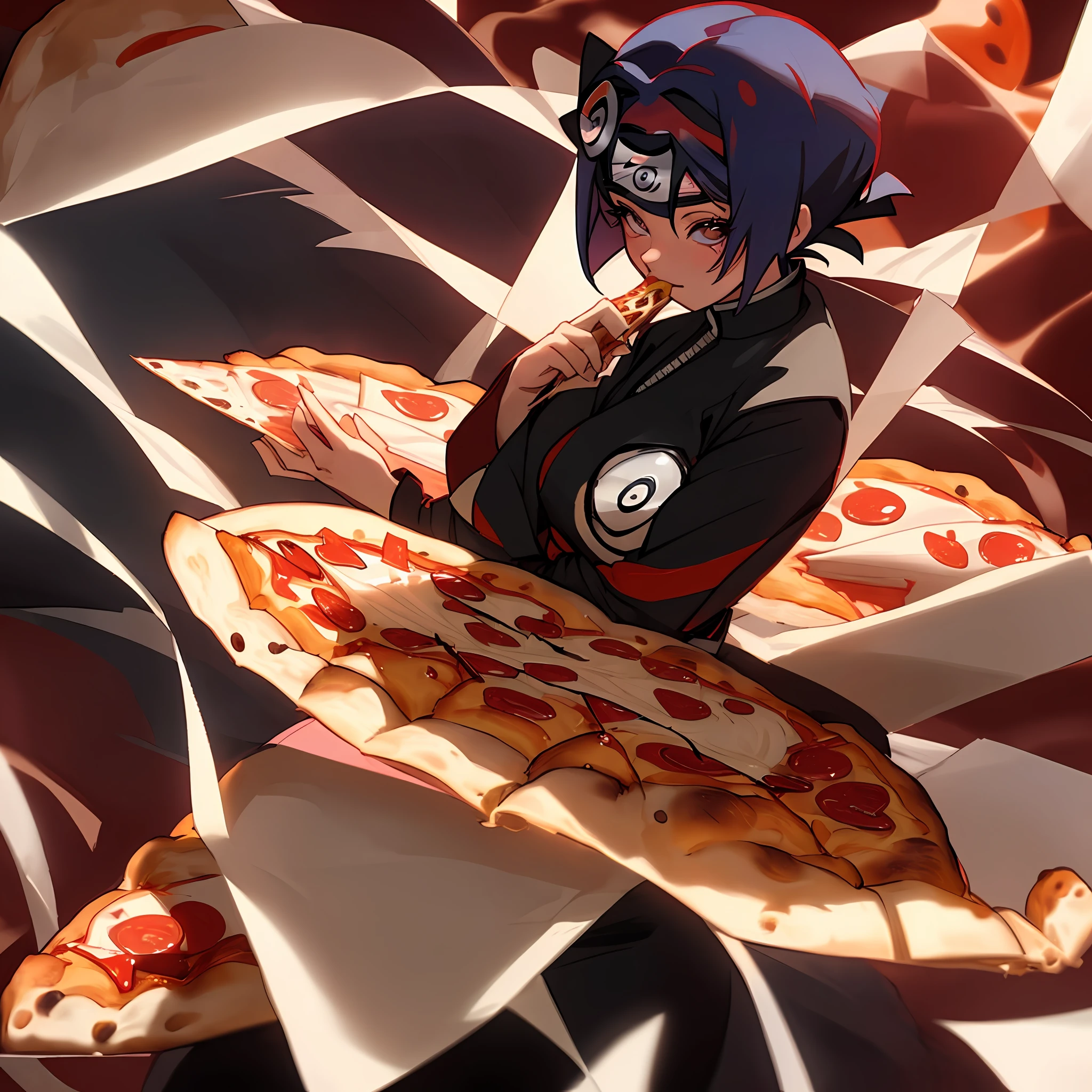 An indulgent ((Konan from Naruto)), savoring office ((paper-flavored pizza ))with glowing eyes and relishing every moment of the delicious experience, so cute, cowboy shot