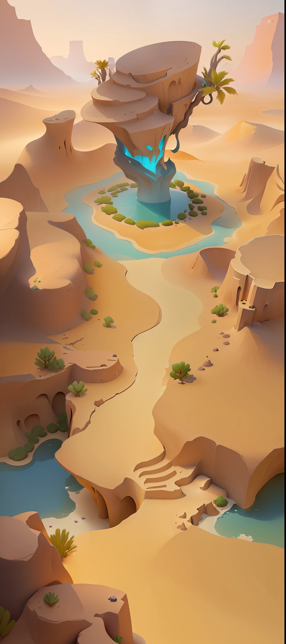 there is a small island in the middle of a desert, stylized concept art, desert oasis, desert oasis background, painted as a game concept art, stylized game art, stylized painting, desert environment, environment concept art, environment concept, concept art, game concept art, concept art, sand and desert environment, canyon background, desert setting