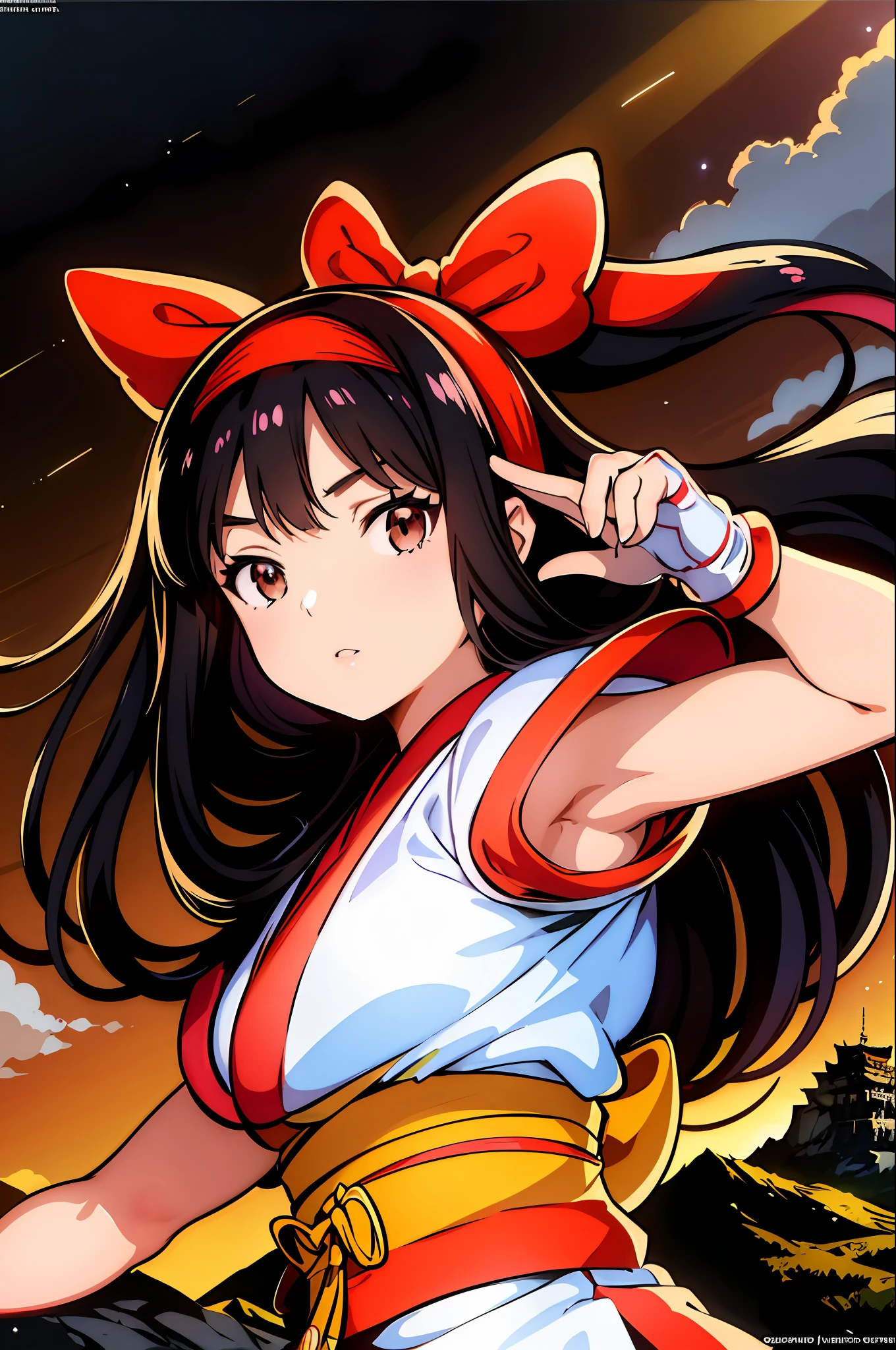 masterpiece, best quality,1girl, red bow, bow, long hair, hair bow, ainu clothes, solo, hairband, bird, black hair, fingerless gloves, short sleeves, gloves, sash, pants, bangs, red hairband, weapon, breasts, brown eyes, white pants, japanese clothes, nakoruru, light smile, officials art, good composition, official pose, detailed portrait, portrait, bokeh, mountain background with cloud, pencil style, traditional brush, samurai, onmyoji style, high resolution, dramatic lighting and shadow, sun flared, blurry foreground