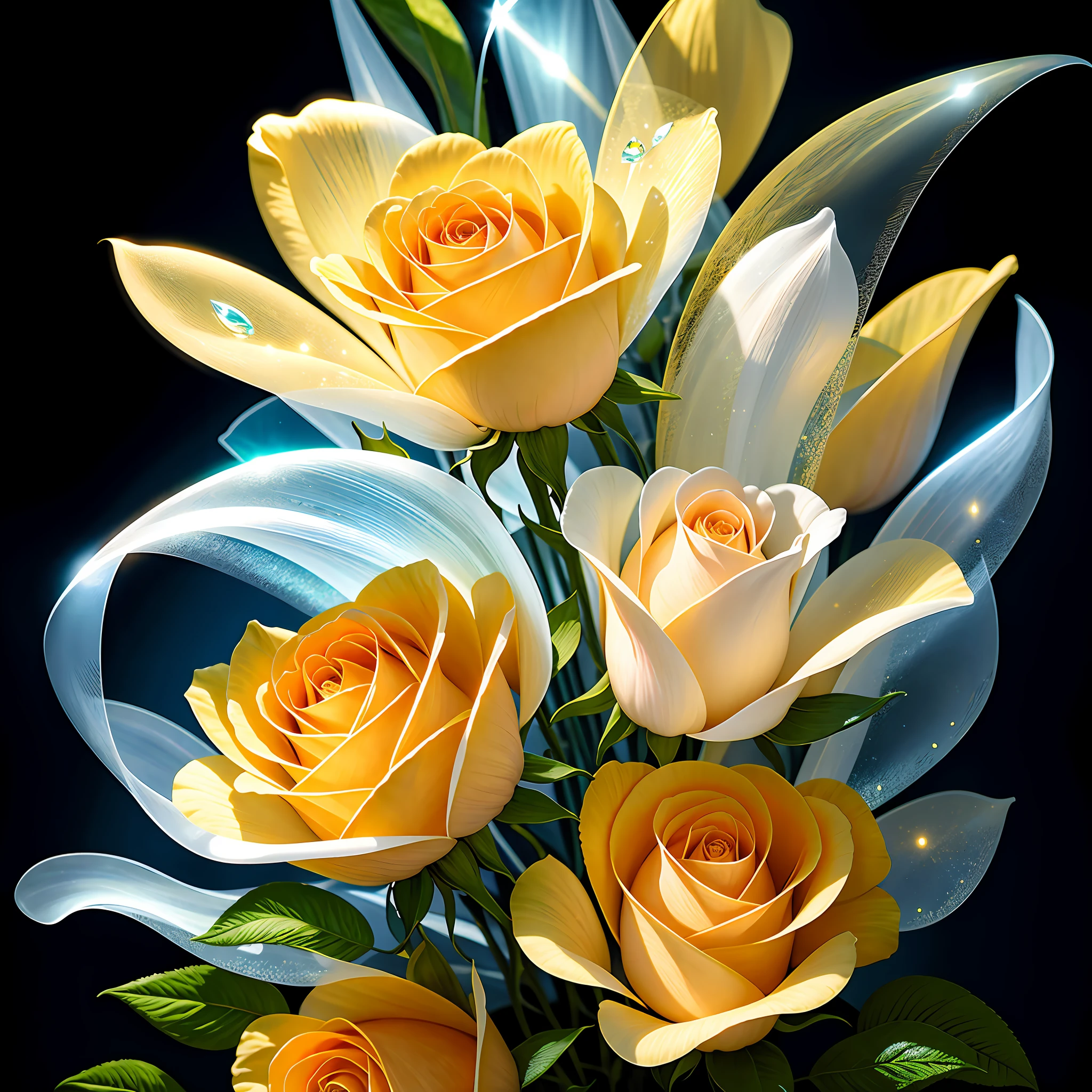 bouquet of delicate yellow roses, super transparent, holy light, beautiful spectral light, petals glow, flashing, dark background, transparent light drops, reflective light, bright, light flowing in, optics, portrait profile, sharp focus, magical, intricate, ultra realistic, fantasy, composition, light, trend in artstation, pearl, silver vapor patronus cloud, family of corrosive enveloping rays, 8k, ureal air 23v4 uplight