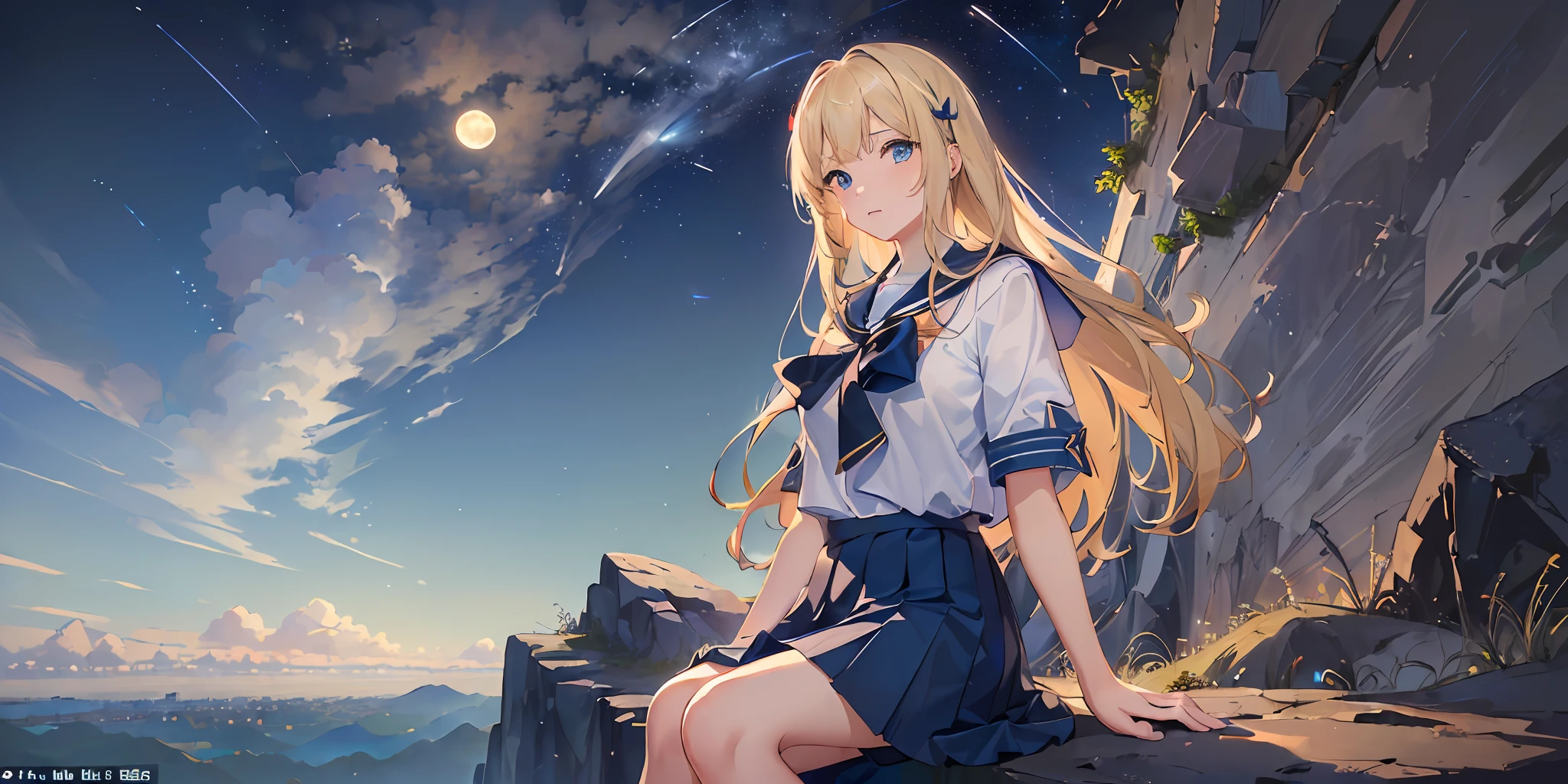 (((masterpiece: 1.5, best quality, high resolution: 1.3, super resolution, super detailed, ultra detailed:1.3, rich background:1.2))), ((close up)), 1girl, solo, green eyes, blonde long hair tied with blue ribbon, blunt bangs, cute hairpin, school uniform, white serafuku, red sailor collar, short sleeves, blue pleated skirt, (outdoor), ((sitting on the edge of cliff)), (on top of hill), ((city scenery behind: 1.3)), scenery, ((nighttime)), dark, (lowlight: 1.1), moon, (moonlight: 1.2), ((dynamic light: 1.4)), sky (falling meteors: 1.5)