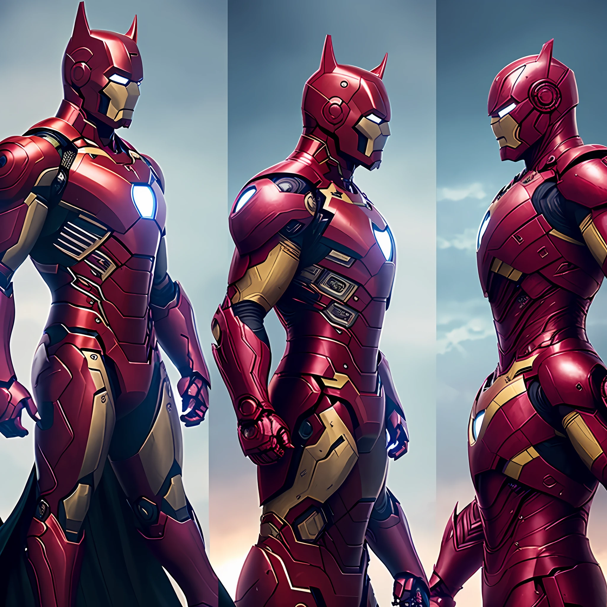 "The left picture shows the shape of black Batman in high quality, and the right picture shows the posture of red Iron Man, the two staring at each other, and the background lighting is full of movement; Premium presentation with 8K resolution, symmetrical beauty and cinematic lighting ambience for optimal picture quality. "