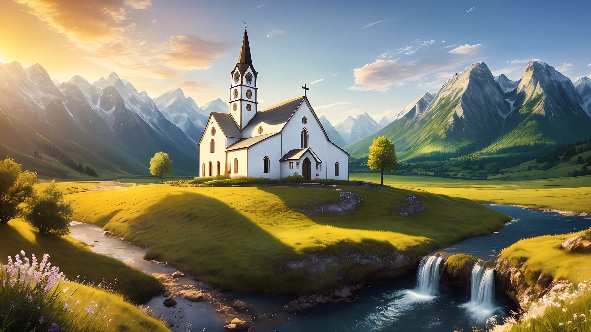 Epic movie poster, professional photo, beautiful church in amazing summer landscape,clear sky,water, professional digital art, professional lighting, dramatic lighting, high resolution, 8k, ultra high definition, HDRI