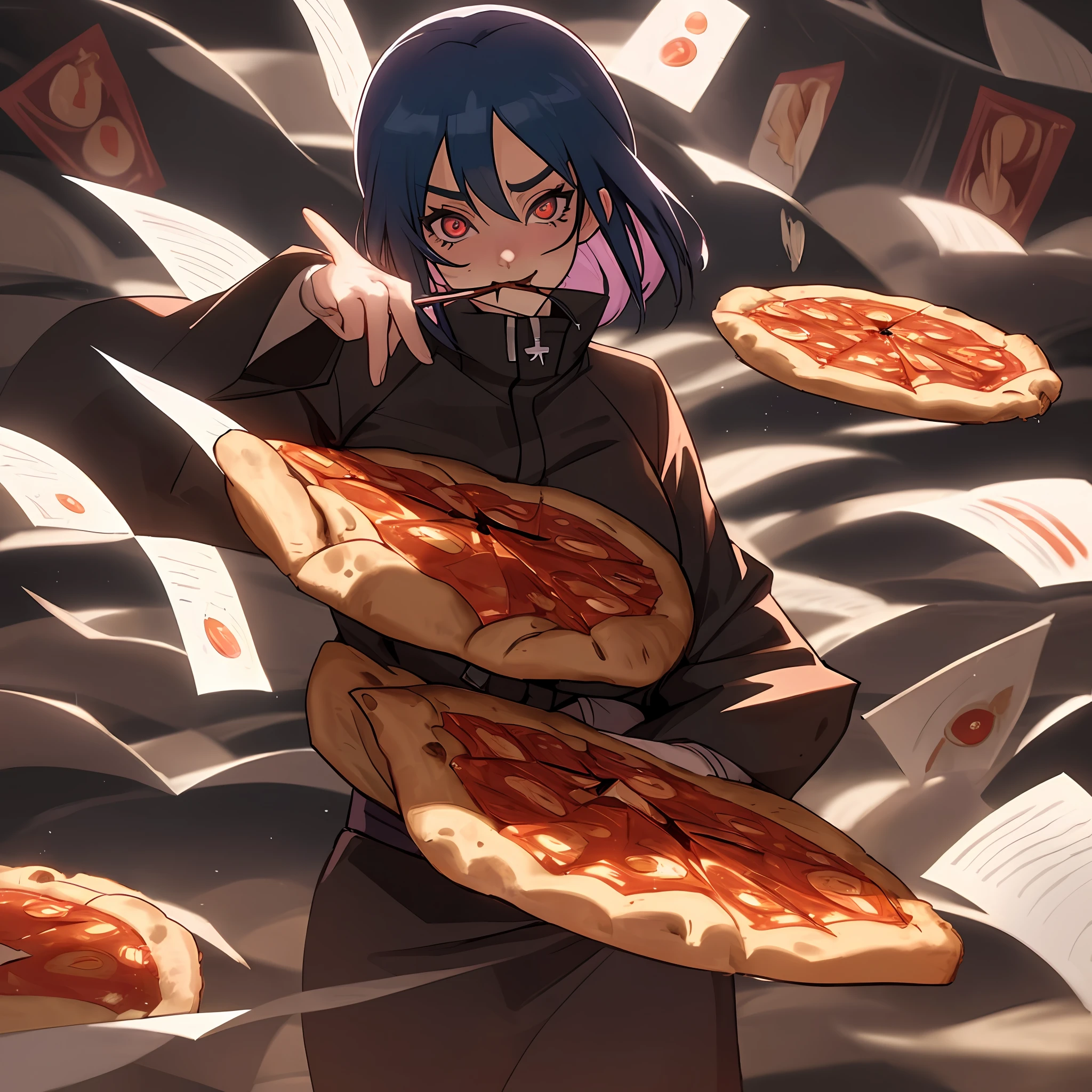 (cowboy shot) An indulgent and alluring Konan from Naruto savoring the taste of office paper-flavored pizza with glowing eyes and relishing every moment of the delicious experience