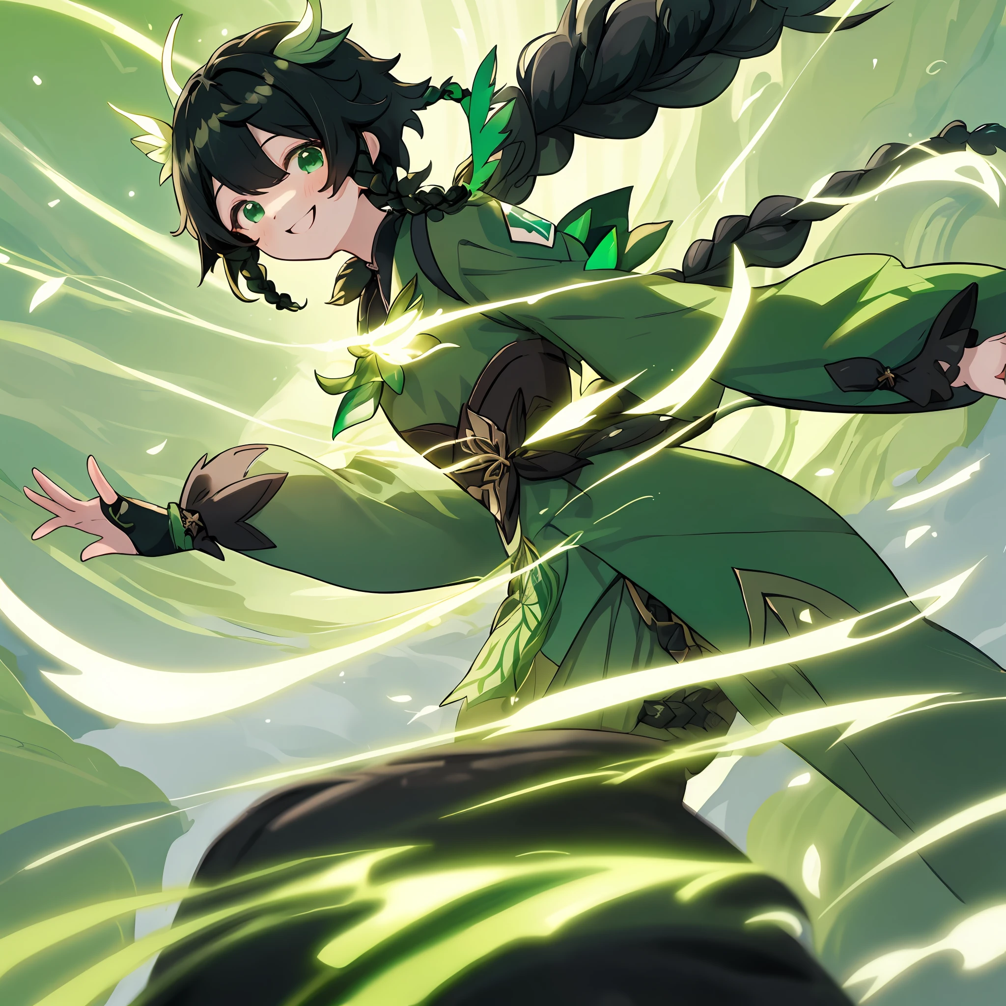 Venti, Venti from Genshin Impact, black hair with two small braids at the front, green clothes, calm, happy smile