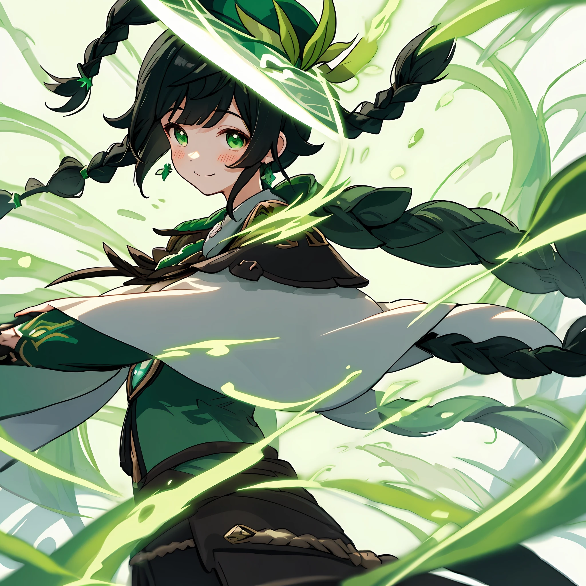 Venti, Venti from Genshin Impact, black hair with two small braids at the front, green clothes, calm, happy smile