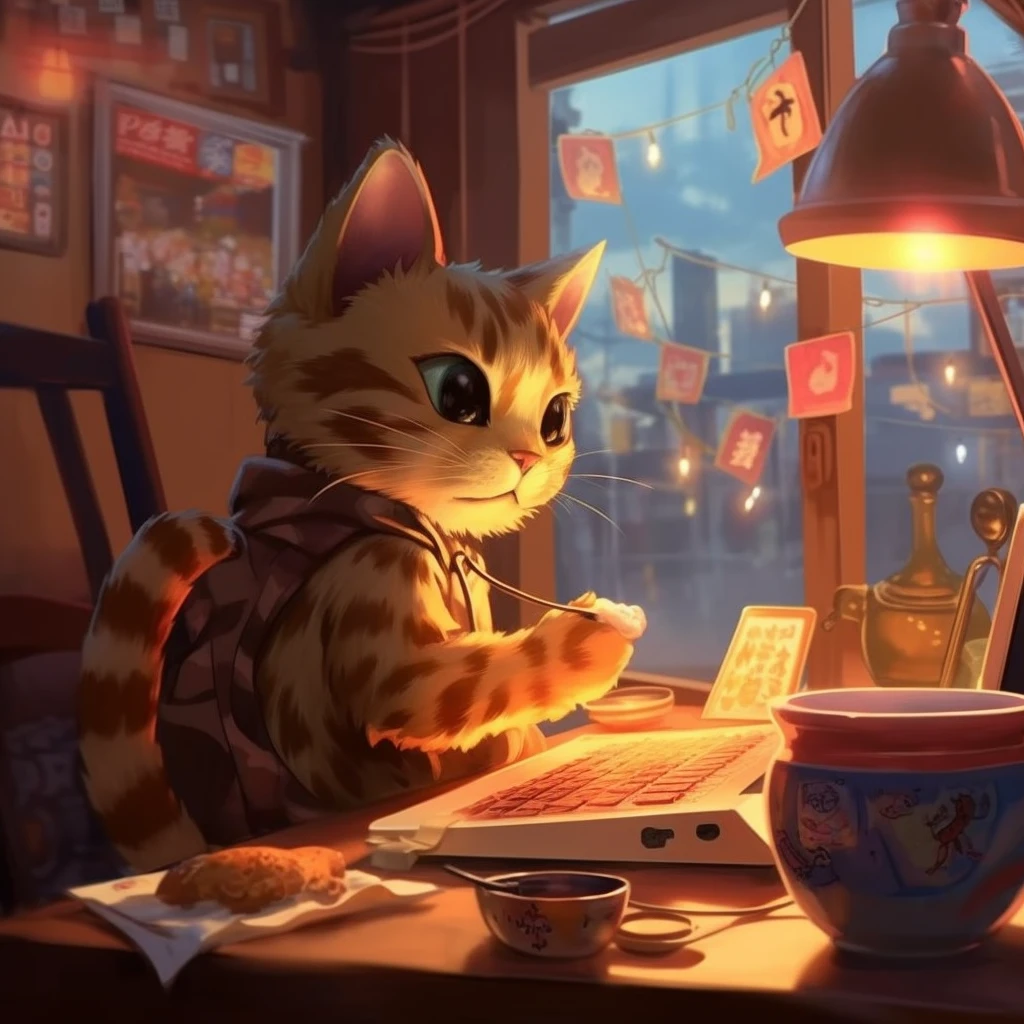 Under the warm light of the home, a cute puppet cat is sitting at the computer desk eating ramen, Disney style, cartoon painting