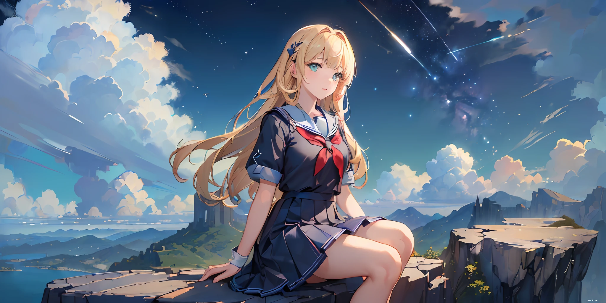 (((masterpiece: 1.5, best quality, high resolution: 1.3, super resolution, super detailed, ultra detailed:1.3, rich background:1.2))), ((close up)), 1girl, solo, green eyes, blonde long hair tied with blue ribbon, blunt bangs, cute hairpin, school uniform, white serafuku, red sailor collar, short sleeves, blue pleated skirt, (outdoor), ((sitting on the edge of cliff)), (on top of hill), ((city scenery behind: 1.3)), scenery, ((nighttime)), dark, (lowlight: 1.1), moon, (moonlight: 1.2), ((dynamic light: 1.4)), sky (falling meteors: 1.5)