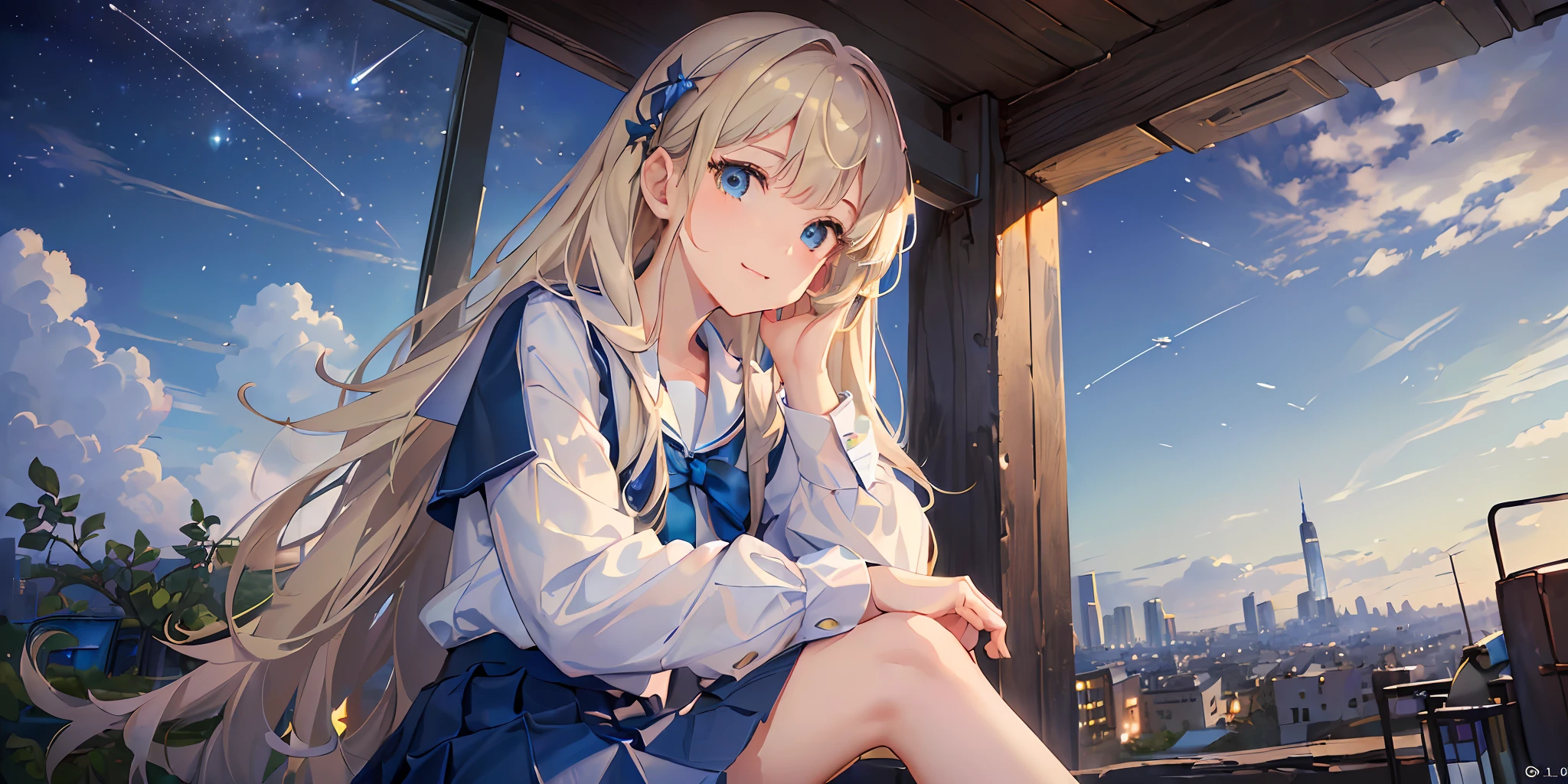 (((masterpiece: 1.5, best quality, high resolution: 1.3, super resolution, super detailed, ultra detailed:1.3, rich background:1.2))), ((close up)), 1girl, solo, green eyes, blonde long hair tied with blue ribbon, blunt bangs, cute hairpin, school uniform, white serafuku, red sailor collar, short sleeves, blue pleated skirt, (outdoor), ((sitting on the edge of cliff)), (on top of hill), ((city scenery behind: 1.3)), scenery, ((nighttime)), dark, (lowlight: 1.1), moon, (moonlight: 1.2), ((dynamic light: 1.4)), sky (falling meteors: 1.5)