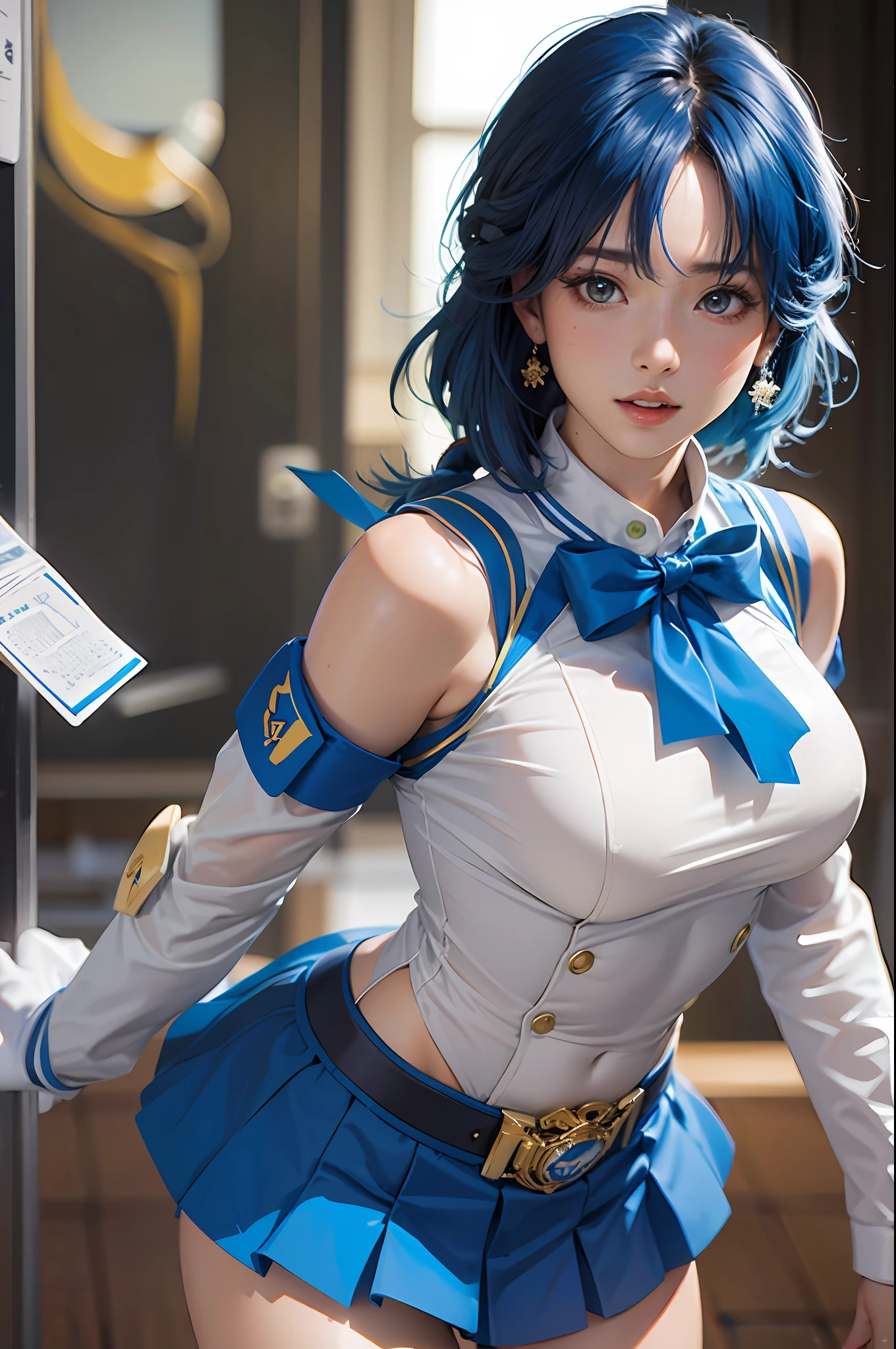 (masterpiece), (best quality), realistic, cinematic light, Mizuno Ami, Sailor Mercury, stand, battlefield background, perfect body, blue hair, uniform
