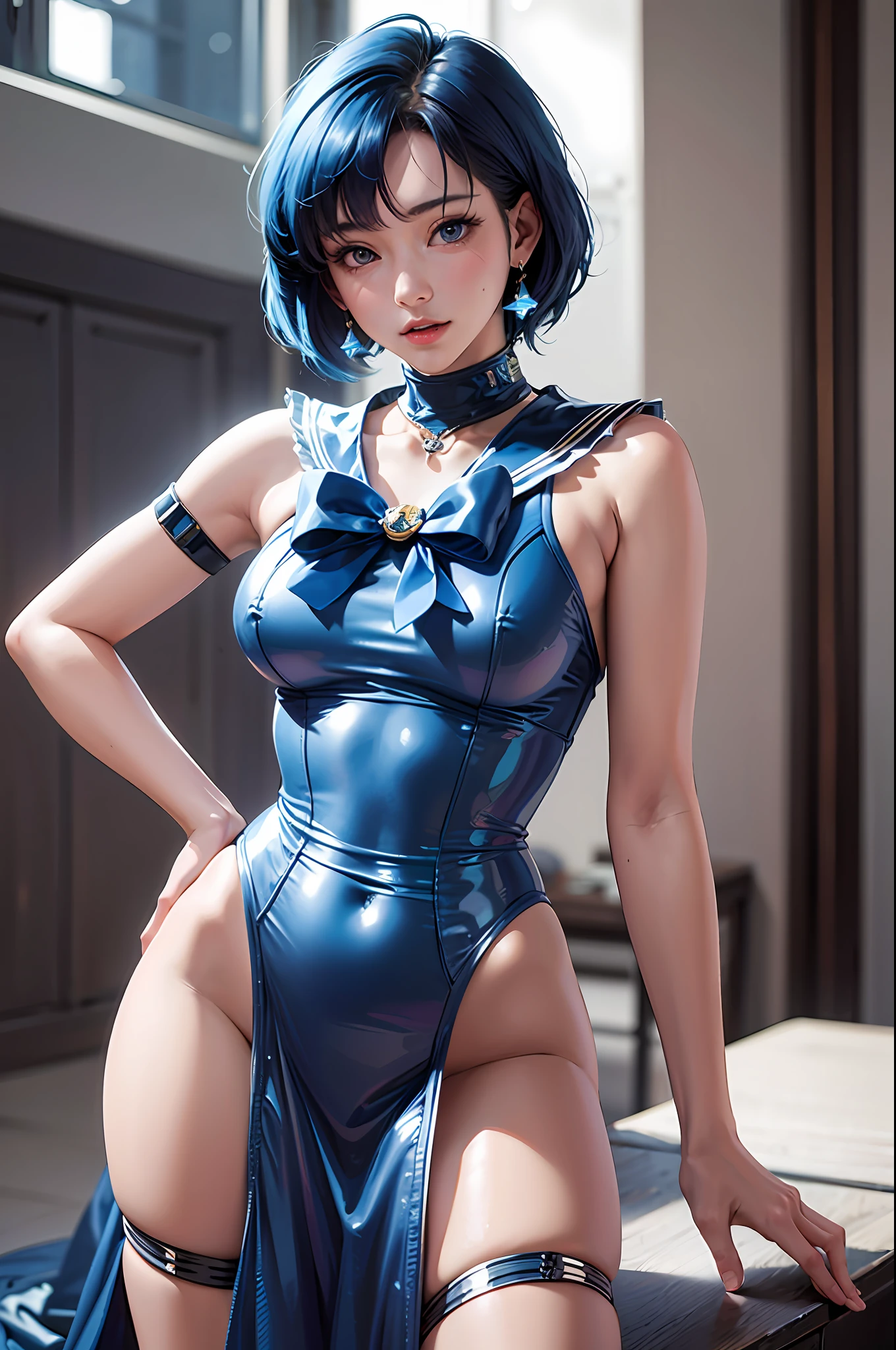 (masterpiece), (best quality), realistic, cinematic light, Mizuno Ami, Sailor Mercury, stand, battlefield background, perfect body, blue hair, uniform