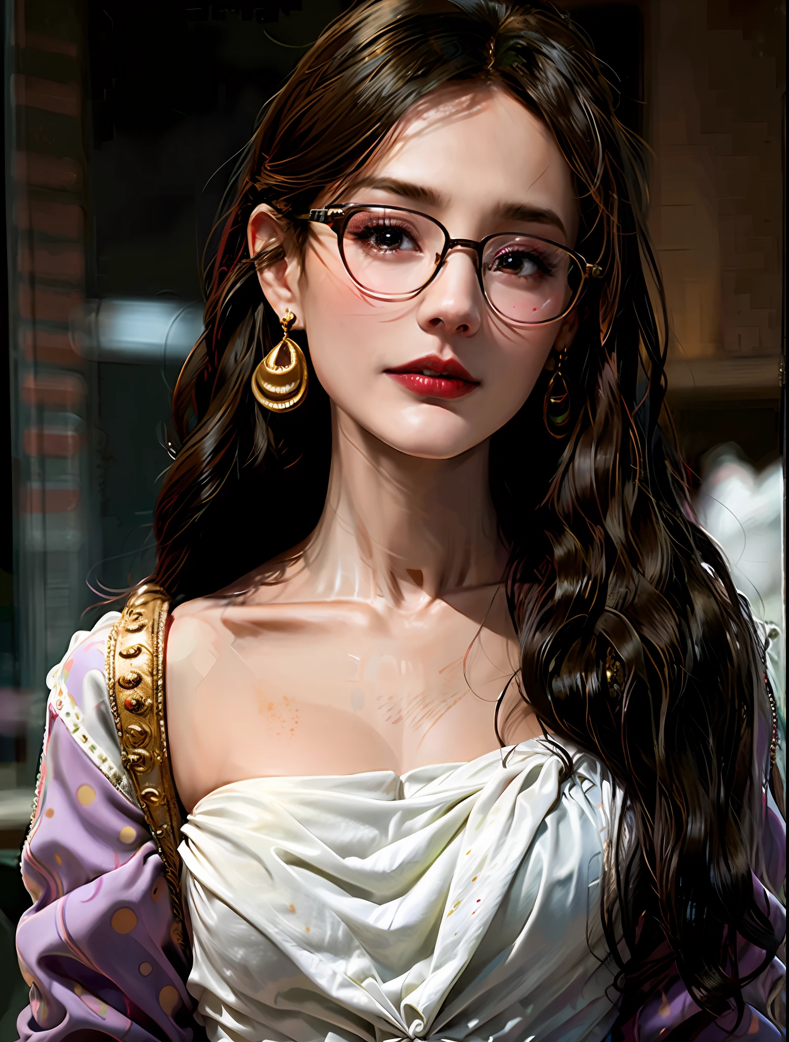 Slightly curly hair, rimless glasses, small spots under the corners of the mouth, / note lilac earrings, slightly closed mouth, red lips, surrealism, high detail, strong chiaroscuro, film graininess, panorama, ultra high-definition, precise, textured skin.