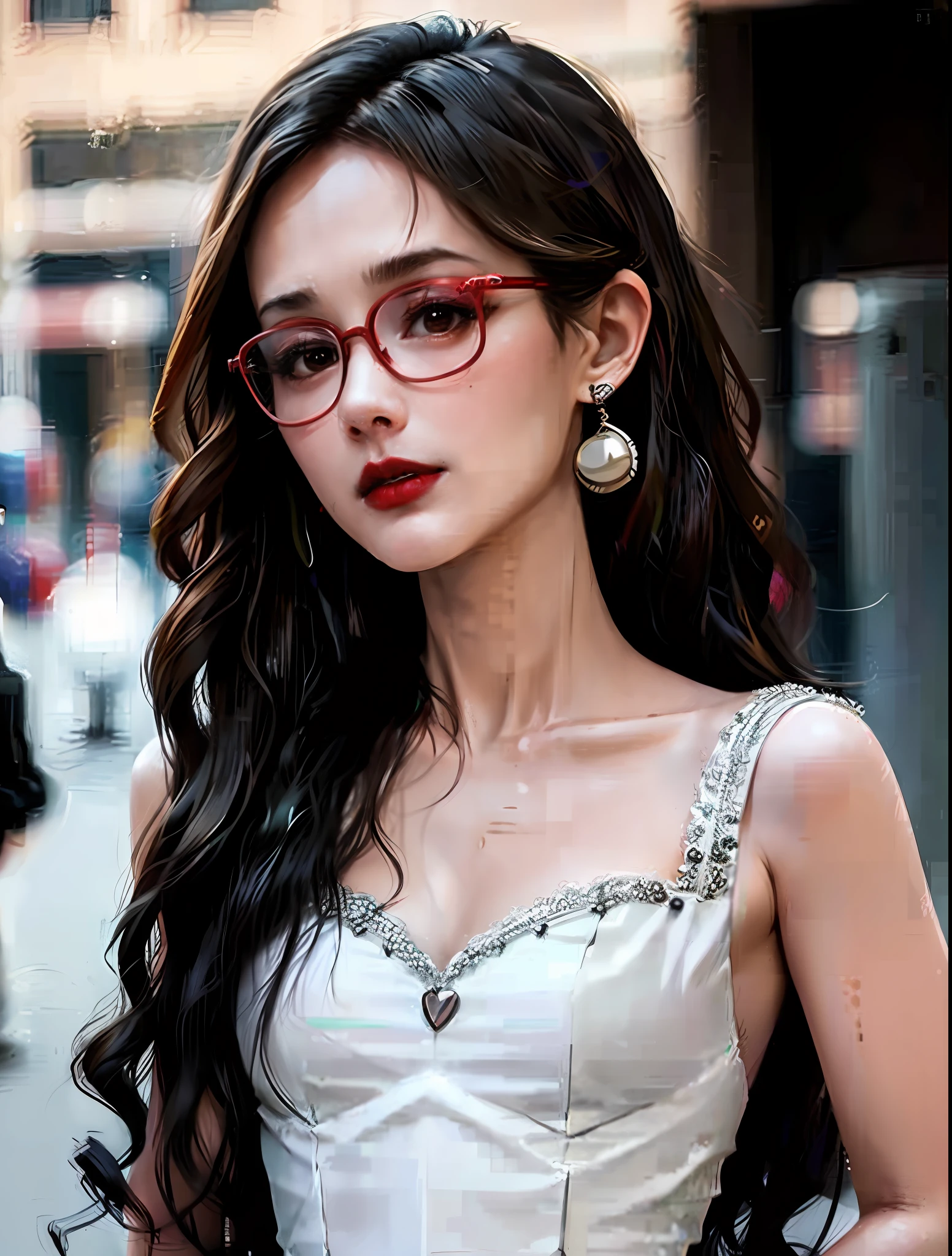 curly hair, over-rim eyewear, mole under mouth, heart earrings, closed mouth, red lips, Surrealism, high detail, chiaroscuro, film grain, panorama, UHD, ccurate, textured skin