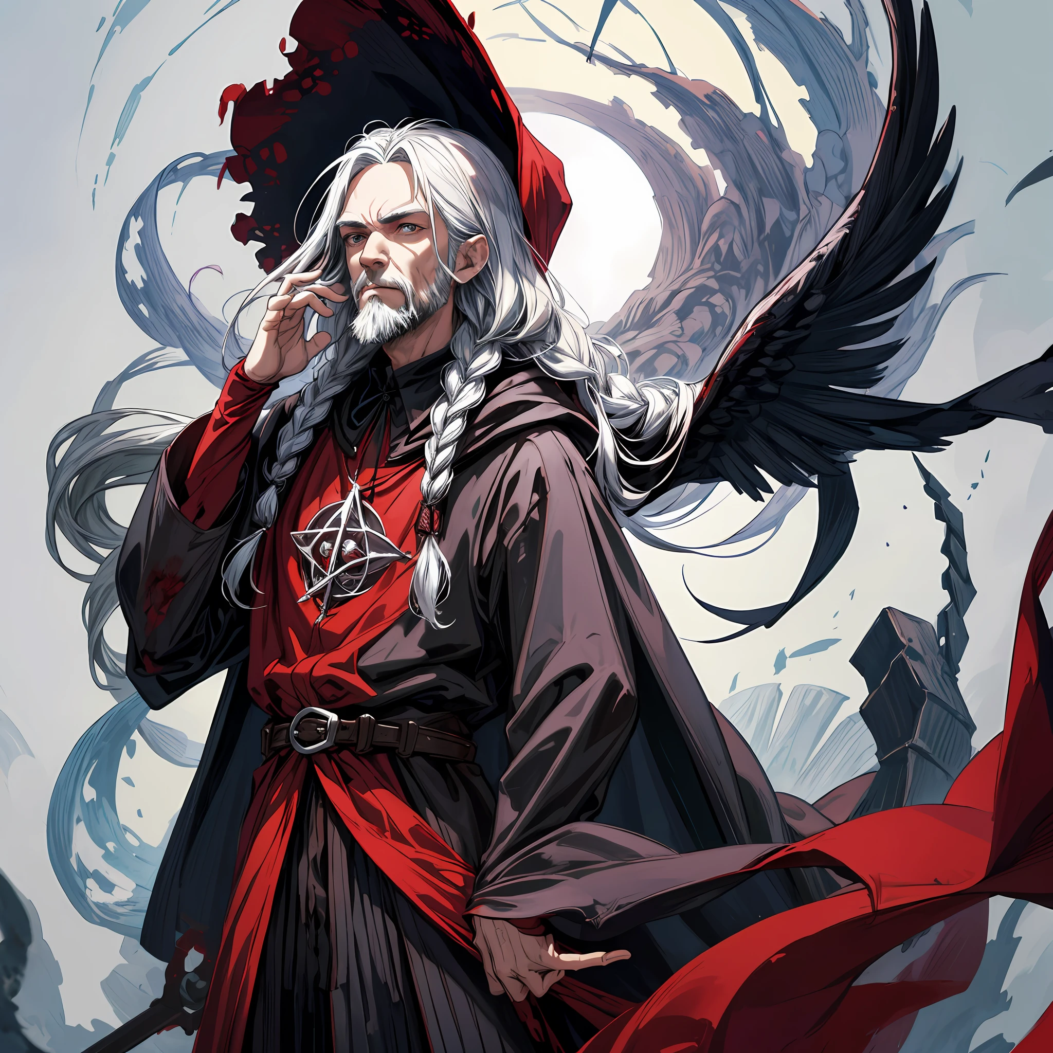 masterpiece, top quality, 1 old grandpa, long beard, braided hair, necromancer, lazy eye, delicate eye detail, intricate detail, (style-pixiv:0,8), portrait, (blood spread :0,7 ), solo, full body shoot, background detail, (wind blowing with souls flying: 1.1) dynamic lazy pose, necromancer, pentagram, medieval hood and cape suit, medieval, abyss of darkness in background