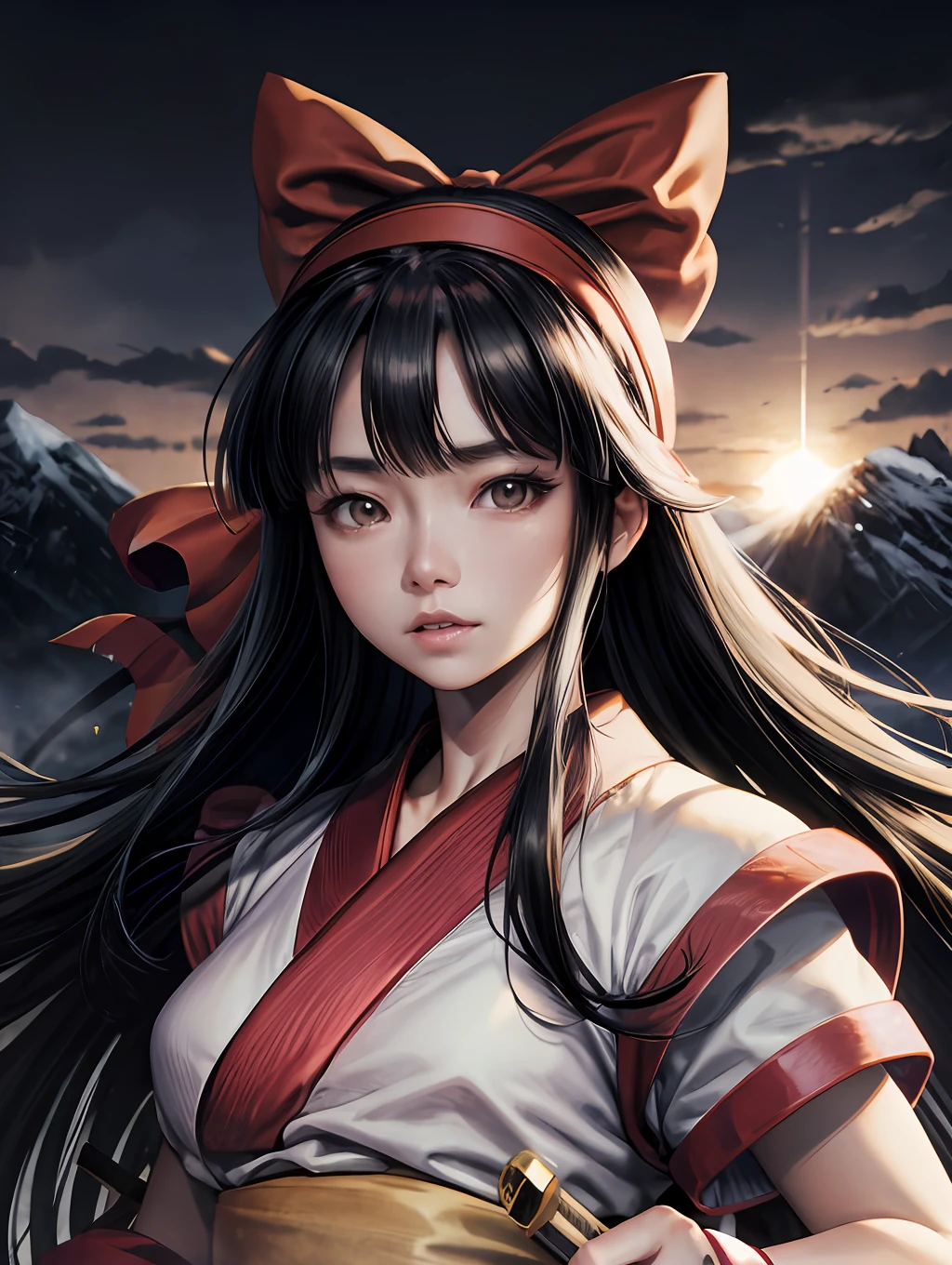 masterpiece, best quality,1girl, red bow, bow, long hair, hair bow, ainu clothes, solo, hairband, bird, black hair, fingerless gloves, short sleeves, gloves, sash, pants, bangs, red hairband, weapon, breasts, brown eyes, white pants, japanese clothes, nakoruru, light smile, officials art, good composition, official pose, detailed portrait, portrait, bokeh, mountain background with cloud, pencil style, traditional brush, samurai, onmyoji style, high resolution, dramatic lighting and shadow, sun flared, blurry foreground