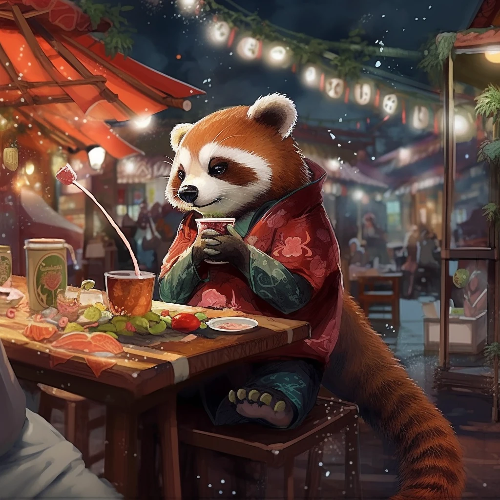 Red panda sitting at the night market eating skewers and drinking beer