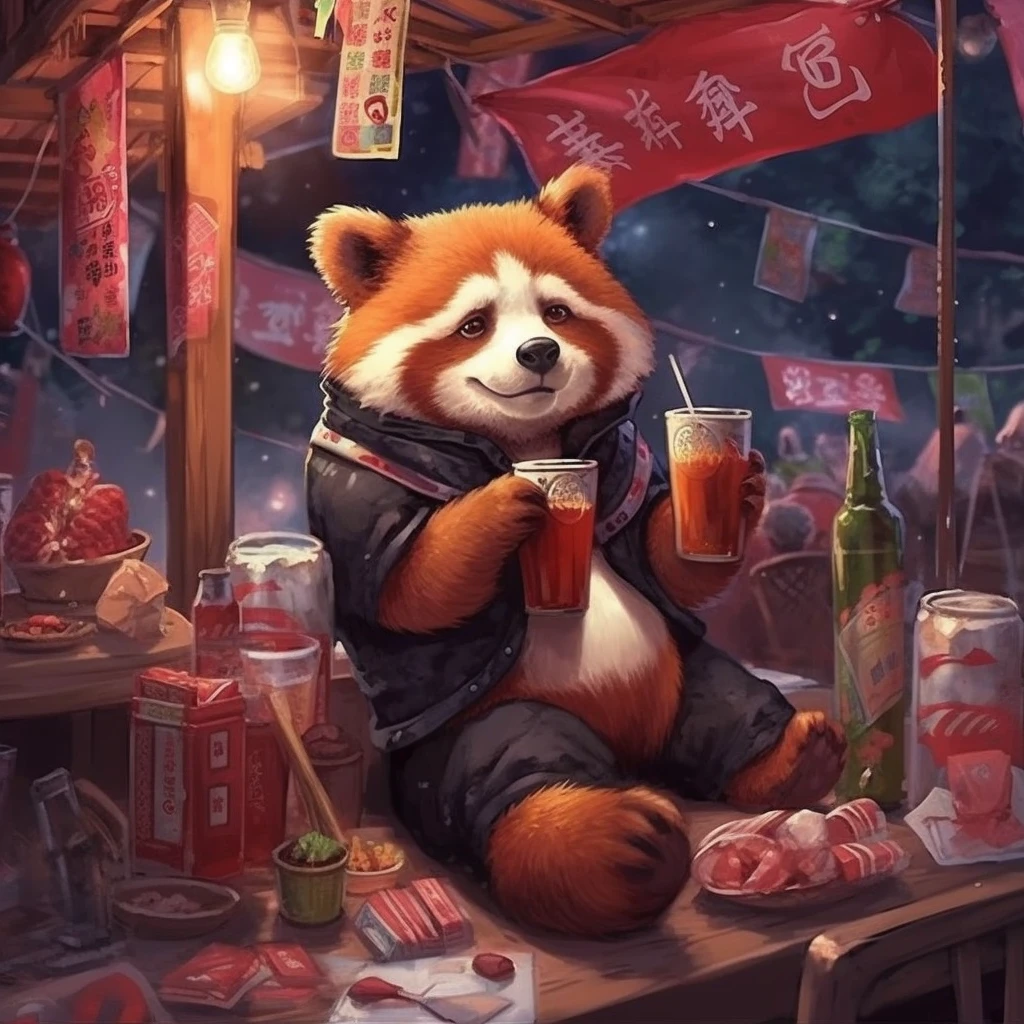 Red panda sitting at the night market eating skewers and drinking beer