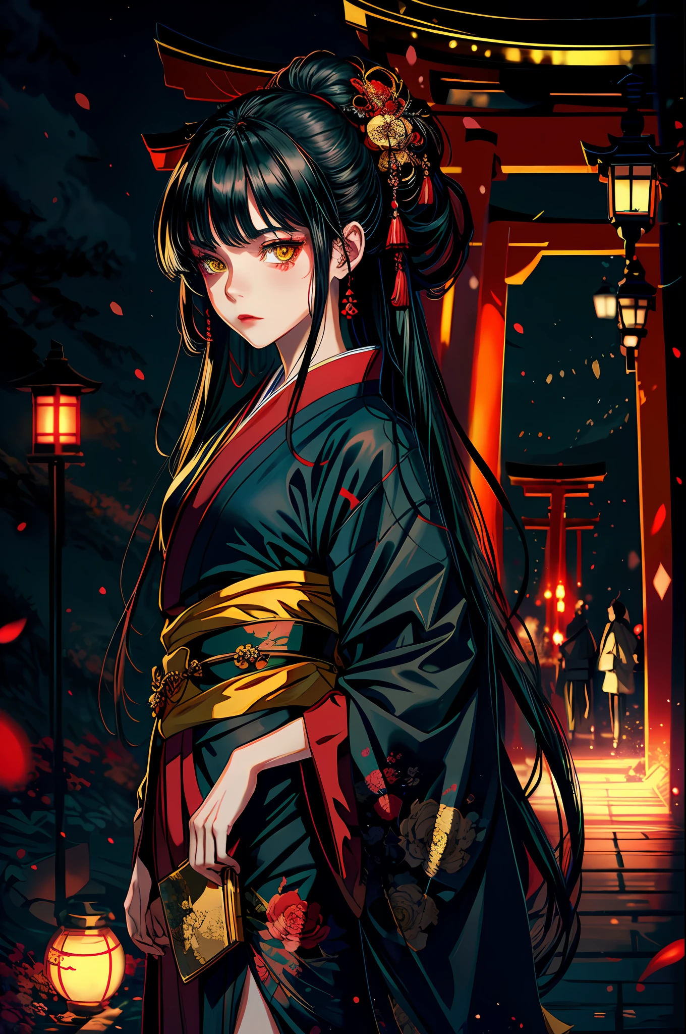 masterpiece, best quality, ultra-detailed, absurdres, 1girl, yellow eyes, black hair, long hair, detailed eyes, looking at viewer, torii, red theme, kimono, walking, particles