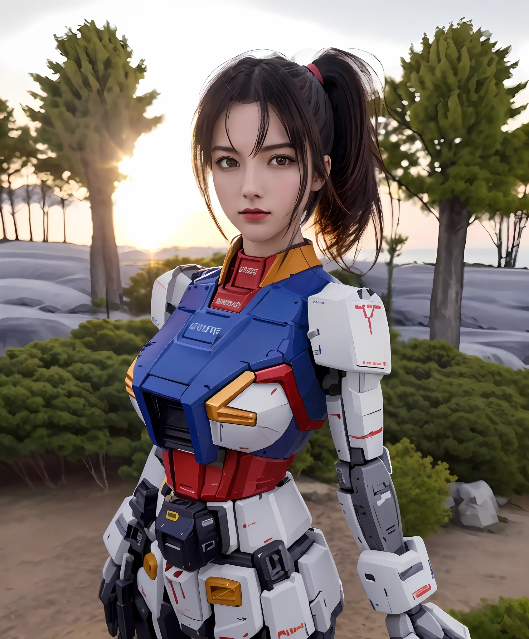 gundam\(rx78\), ultra high res, best quality, photo, 4k, (photorealistic:1.4), 1girl, solo, (full body:1.1), ponytail, black hair, beautiful face, beautiful eyes, running, outside in the park with lake, mecha armor, depth of field, motion lines, perky breasts, bra lift, breast slip,