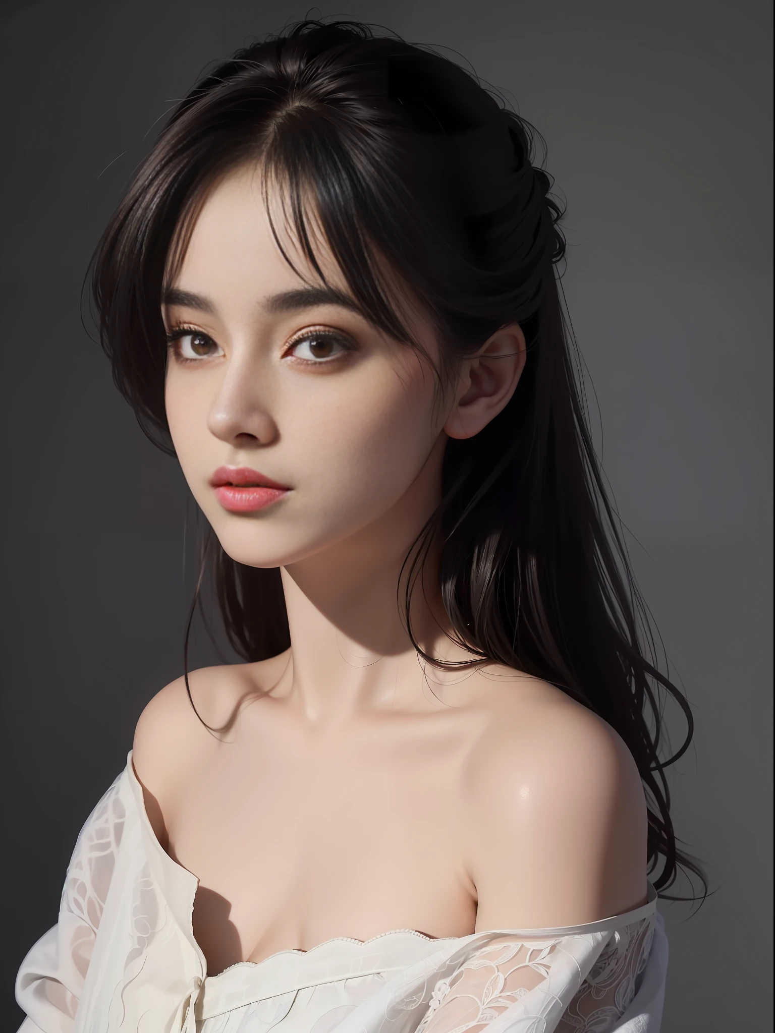 8k, best quality, masterpiece, ultra-high resolution, (photorealistic: 1.9), film, slim, raw photo, 1girl, off-shoulder, in the dark, deep shadow, low height, cold light, very beautiful face, sexy look, lace, overhead, half-body in photo, black fluffy eyes,
