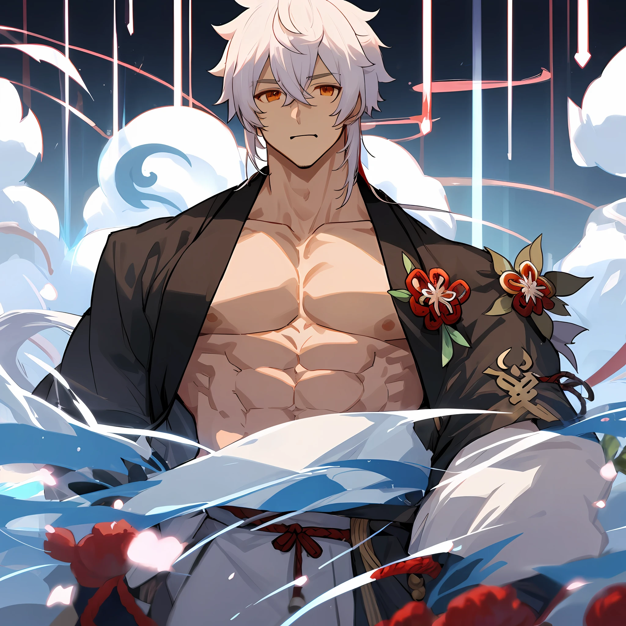 Itto, Itto from Genshin Impact, oni, Long white hair, muscles, big pectorals, handsome, without shirt