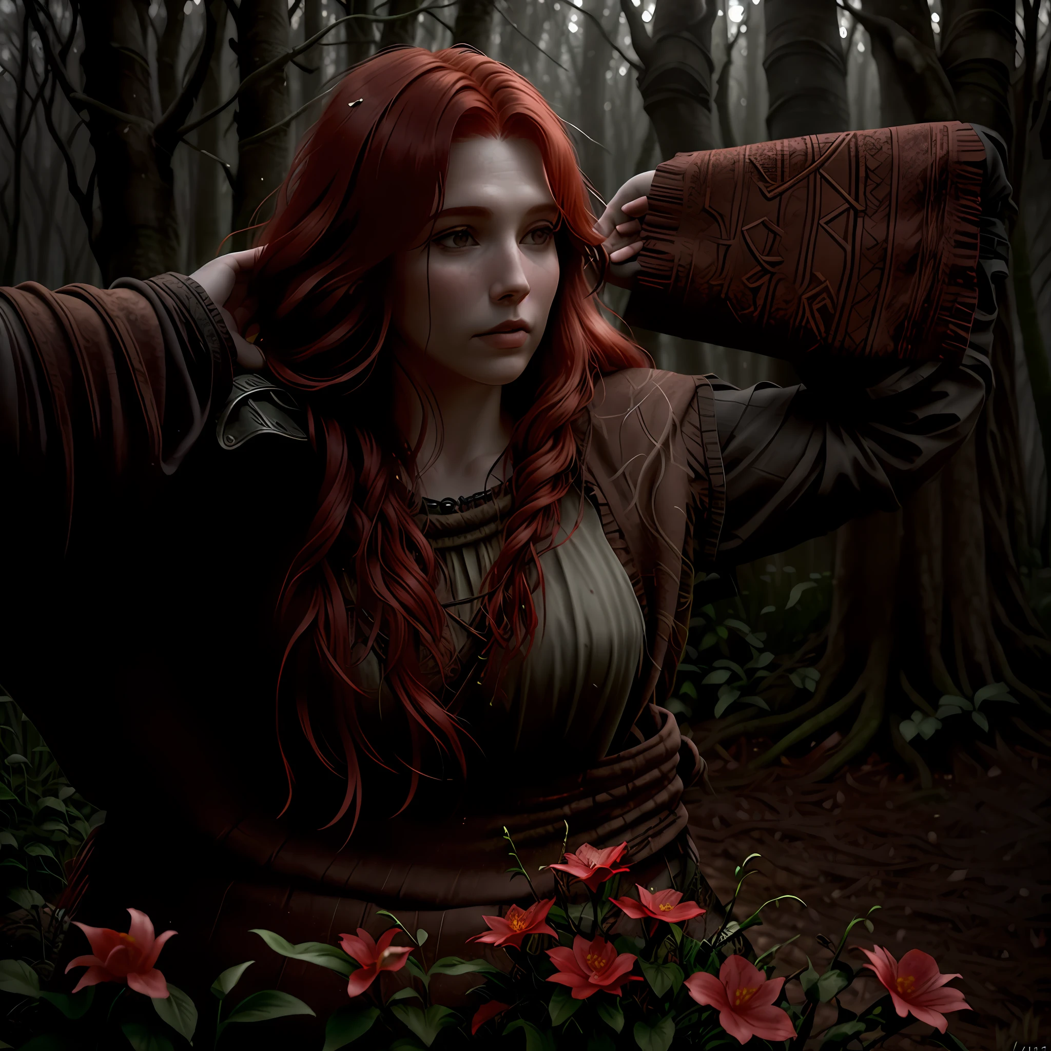 Red-haired woman, third person perspective, viking, medieval, mystical, forest environment, damp plants and flowers, branches, best quality, cinematic focus, perfect lighting, gloomy weather, well lit