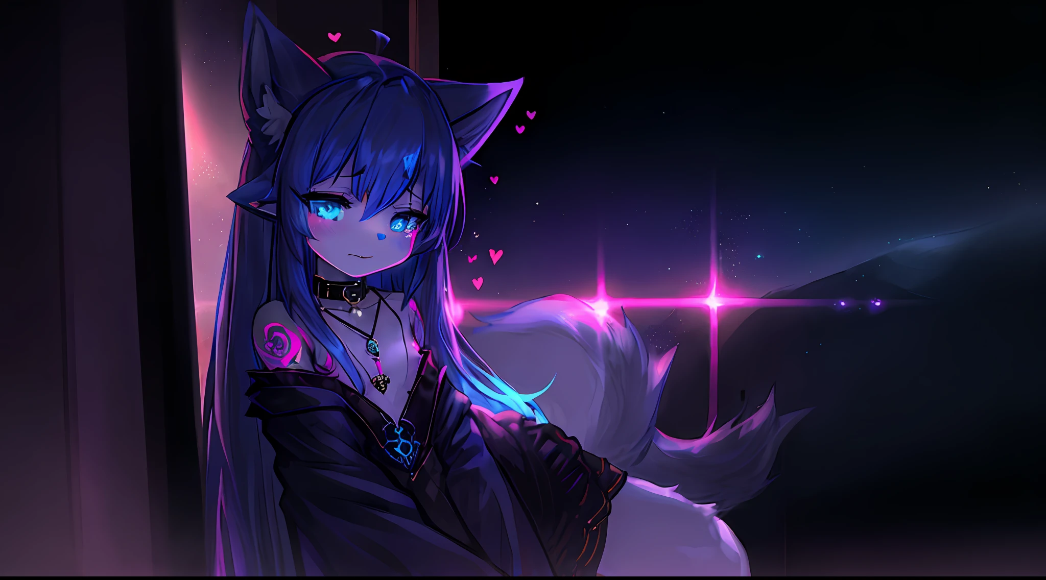 Snow fox, Succubus, Vampire, Deep dark blue hair, Succubus sexual tattoo, Deep dark blue jacket, Demon sexual tattoo, Nude, Deep dark blue Earphones, Young girl, Young, Full body, Fur body, Collar, Long hair, Character, Necklace, Furry, Winter, Space time, Soft, Lofi, Master plece, fox ears, fox ears, shy, shy, sleepy, Surrealism, 8k, super detail, full Succubus sexual tattoo, full Demon sexual tattoo, blue eye, glow eye, succubus sexual tattoo 100%, demon sexual tattoo 100%, shy, vampire tooth, NSFW, glow succubus sexual tattoo,4 fox ears, deep dark blue fox ears, light blue twintails, heart-shaped eyes, 10 year, femboy, shota, succubus tail, cloth glove, succubus of love, star eye