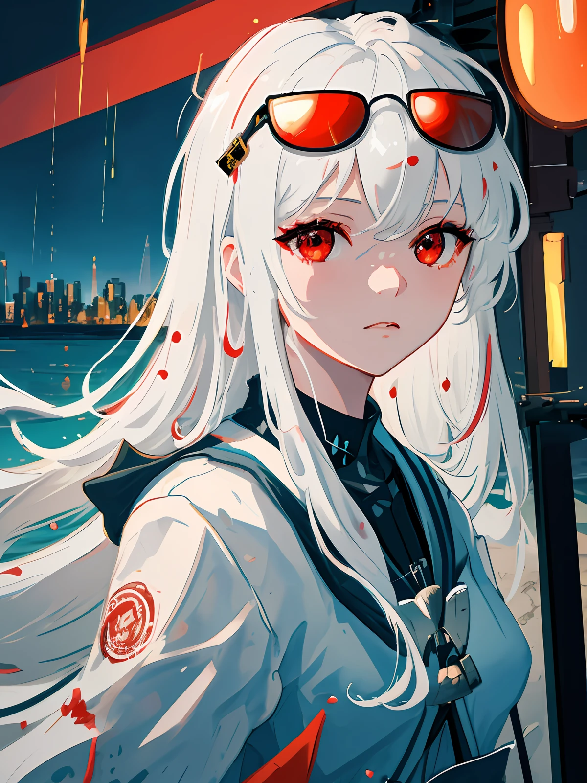 masterpiece, best quality, extremely detailed, cinematic lightning, intricate detail, highres, official art, finely detailed beautiful face and eyes, high resolution illustration, 8k, depth of field, bokeh, solo, 1girl, a girl with white hair and red eyes, long white hair, sunglasses, beautiful red eyes, beautiful landscape, rainy city, upper body, looking at viewer, close up