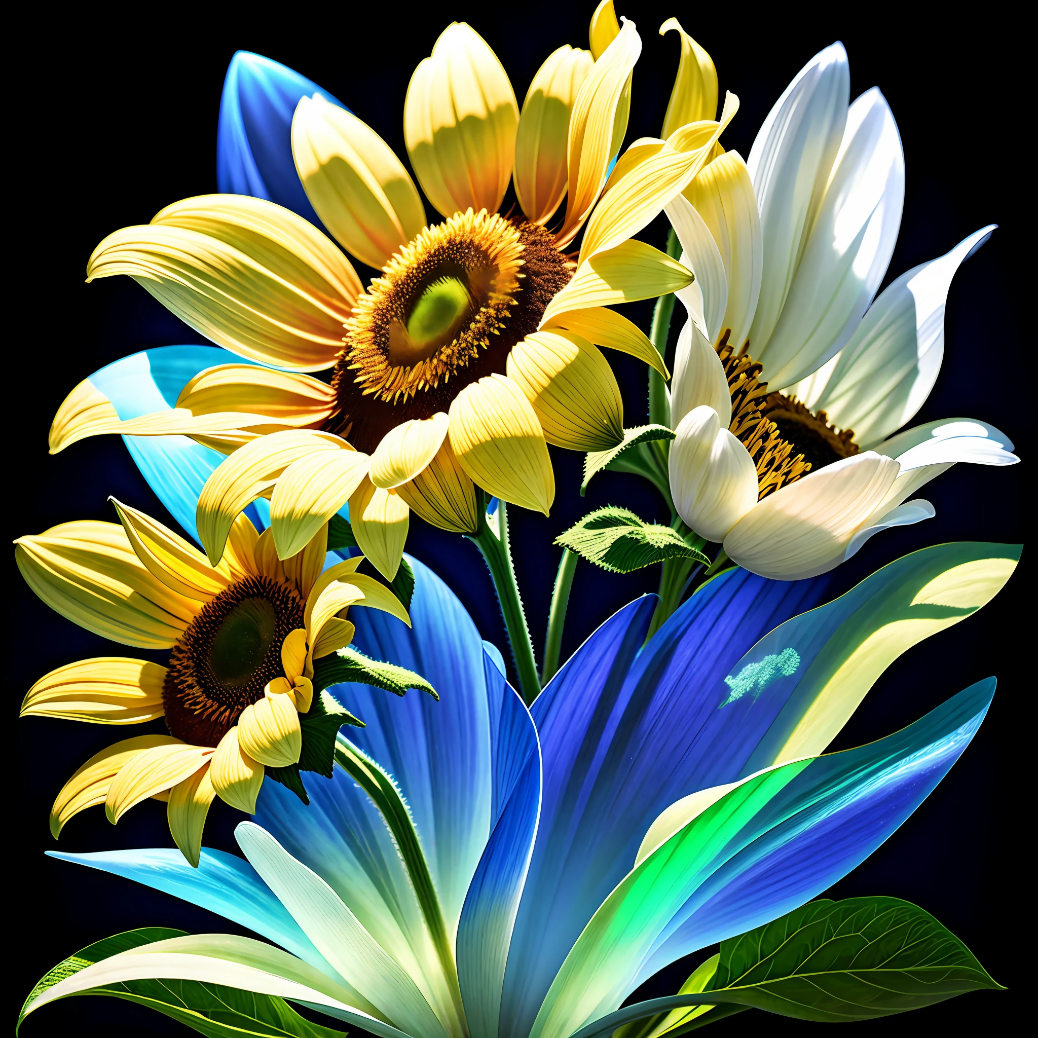 bouquet of delicate sunflower, super transparent, holy light, beautiful spectral light, petals glow, flashing, dark background, transparent light drops, reflective light, bright, light flowing in, optics, portrait profile, sharp focus, magical, intricate, ultra realistic, fantasy, composition, light, trend in artstation, pearl, silver vapor patronus cloud, family of corrosive enveloping rays, 8k, ureal air 23v4 uplight