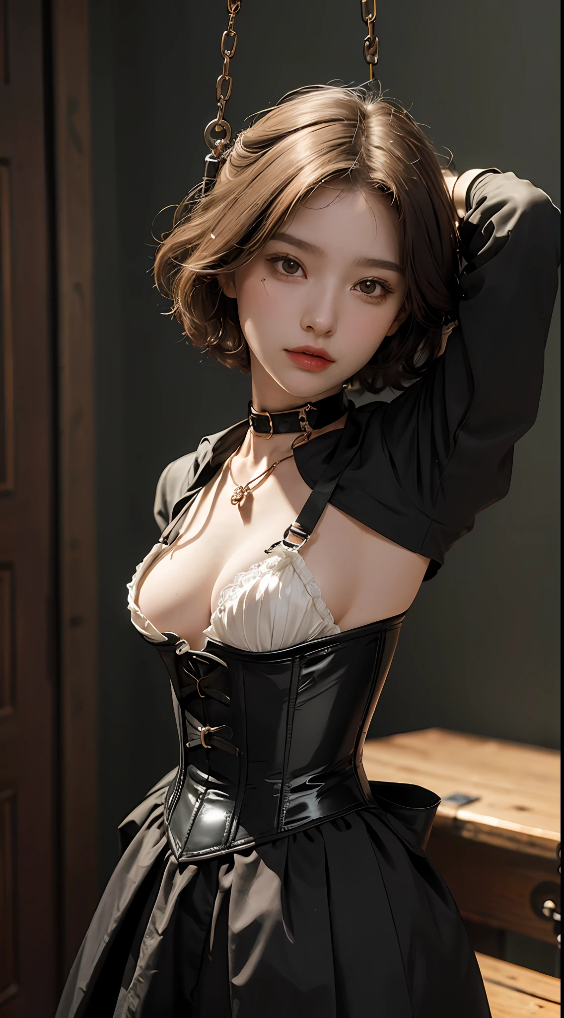 (Best Quality, Masterpiece: 1.1), (Fidelity: 1.4), 1 Girl, Upper Body, Very Short Hair, Studio, BDSM, slave, Black Corset, Bondage, Slave Chain, Slave Collar, Slave, Panties, Bound Woman