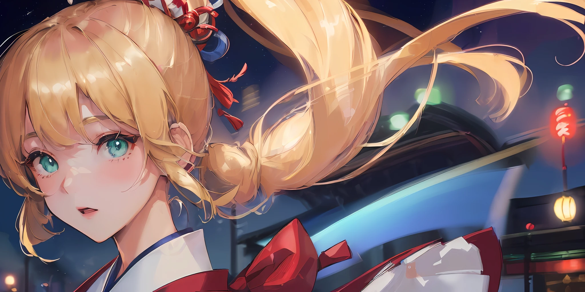 (((Masterpiece: 1.5, Best Quality, High Resolution: 1.3, Super Resolution, Super Detail, Super Detail: 1.3, Rich Background: 1.2))), 1 Girl, Solo, Green Eyes, Long Blonde Hair with Blue Ribbon, Blunt Bangs, Cute Hairpin, School Uniform, White Seraf, Red Sailor Collar, Short Sleeves, Blue Pleated Skirt, (Outdoor), ((Downtown), (Crowd), ((Japanese Vibe: 1.3)), Landscape, ((Night)), Darkness, (Low Light: 1.1), Moon, (Moonlight: 1.2), ((Dynamic Light: 1.4)), ((Head Close-up))))))