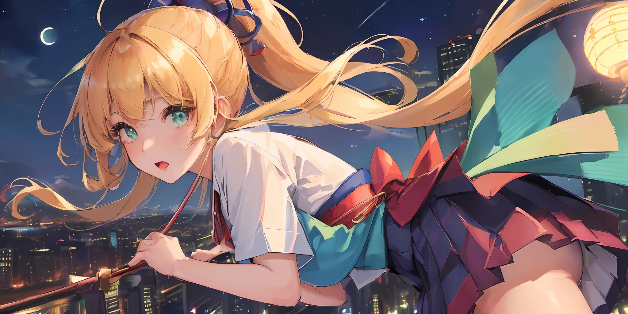 (((Masterpiece: 1.5, Best Quality, High Resolution: 1.3, Super Resolution, Super Detail, Super Detail: 1.3, Rich Background: 1.2))), 1 Girl, Solo, Green Eyes, Long Blonde Hair with Blue Ribbon, Blunt Bangs, Cute Hairpin, School Uniform, White Seraf, Red Sailor Collar, Short Sleeves, Blue Pleated Skirt, (Outdoor), ((Downtown), (Crowd), ((Japanese Vibe: 1.3)), Landscape, ((Night)), Darkness, (Low Light: 1.1), Moon, (Moonlight: 1.2), ((Dynamic Light: 1.4)), ((Head Close-up))))))