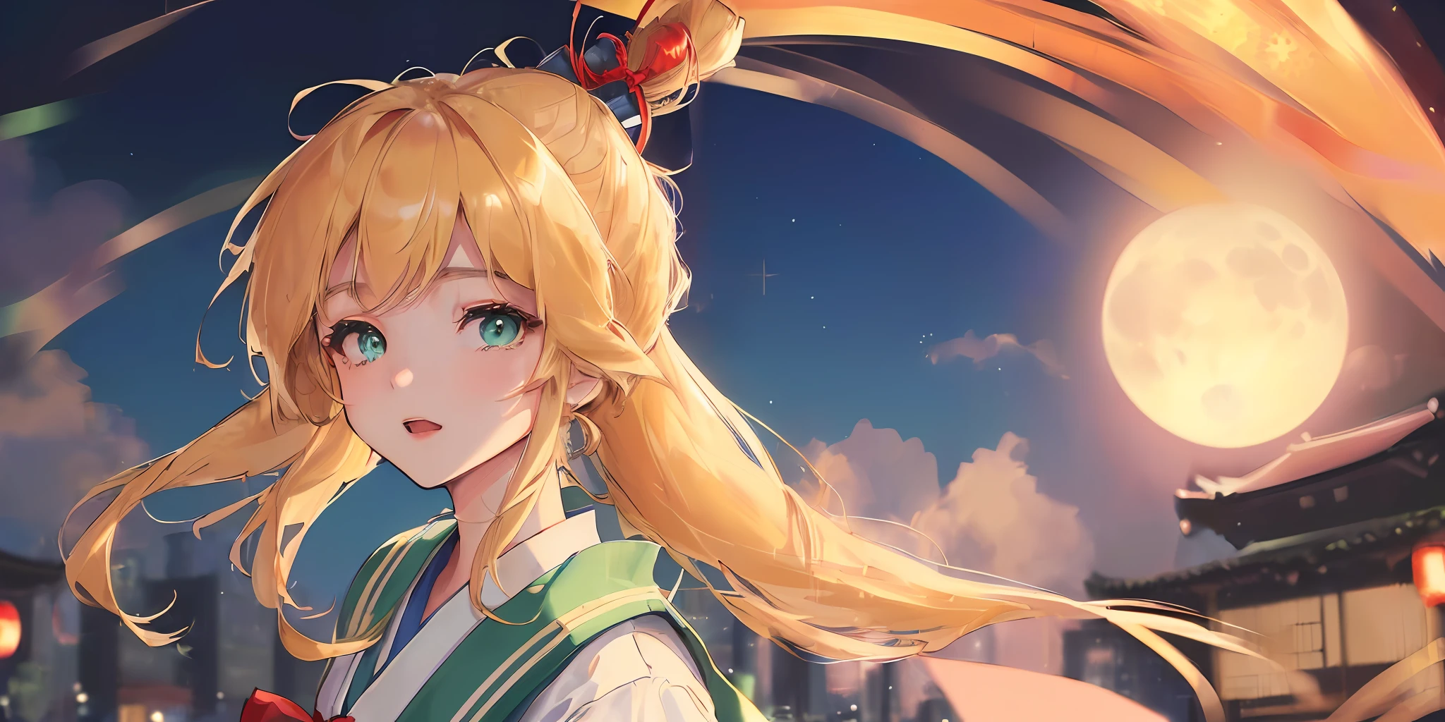(((Masterpiece: 1.5, Best Quality, High Resolution: 1.3, Super Resolution, Super Detail, Super Detail: 1.3, Rich Background: 1.2))), 1 Girl, Solo, Green Eyes, Long Blonde Hair with Blue Ribbon, Blunt Bangs, Cute Hairpin, School Uniform, White Seraf, Red Sailor Collar, Short Sleeves, Blue Pleated Skirt, (Outdoor), ((Downtown), (Crowd), ((Japanese Vibe: 1.3)), Landscape, ((Night)), Darkness, (Low Light: 1.1), Moon, (Moonlight: 1.2), ((Dynamic Light: 1.4)), ((Head Close-up))))))