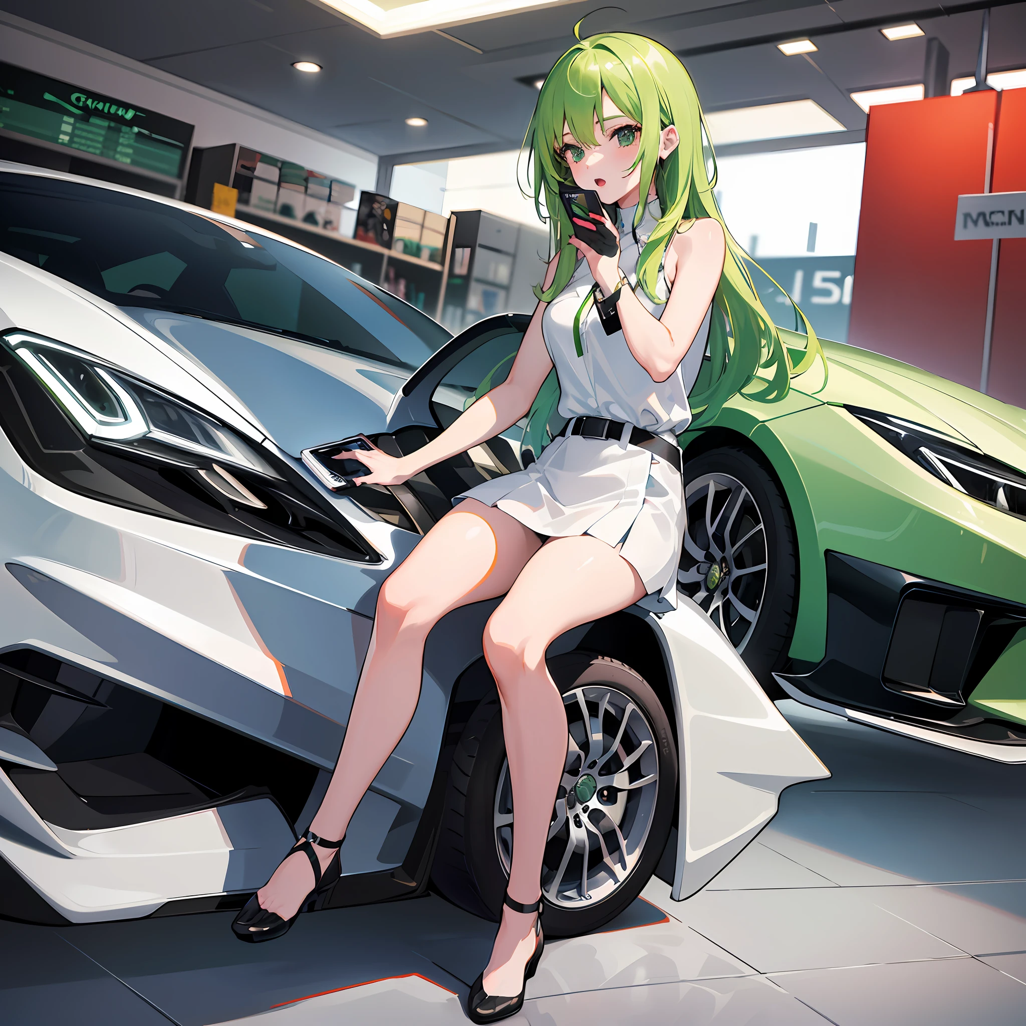 A girl wearing a short white skirt and long green hair, in a luxury sports car 45 store, in the background is a luxury sports car, holding a mobile phone in one hand, looking through the mobile phone, the expression is shocked