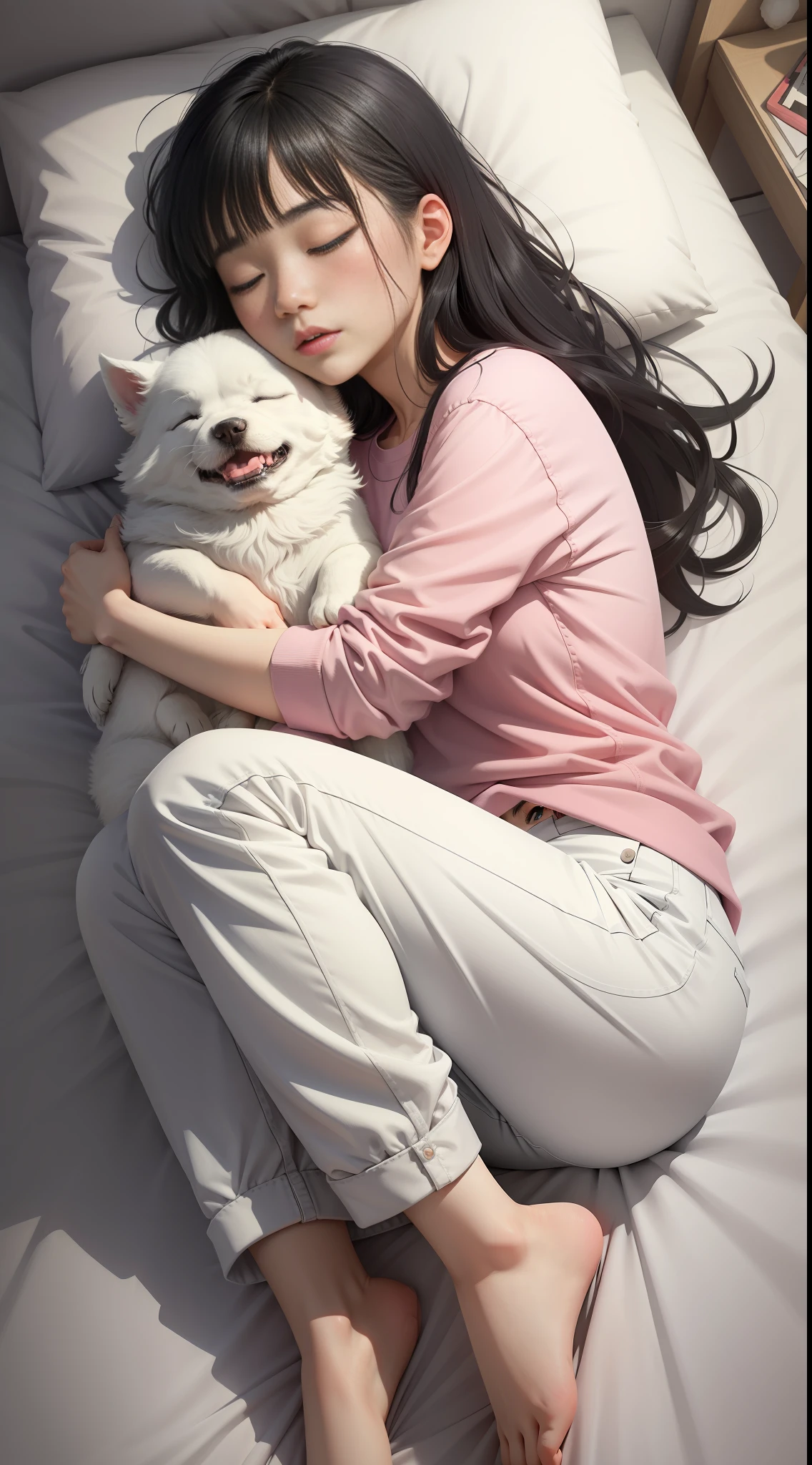 A sleeping Asian woman, 25 years old, realistic, she wears pink 7-point pants, white t-shirt, white hair. High detail, high resolution. Sleep with puppy in your arms, white skin, hold puppies, hold puppies