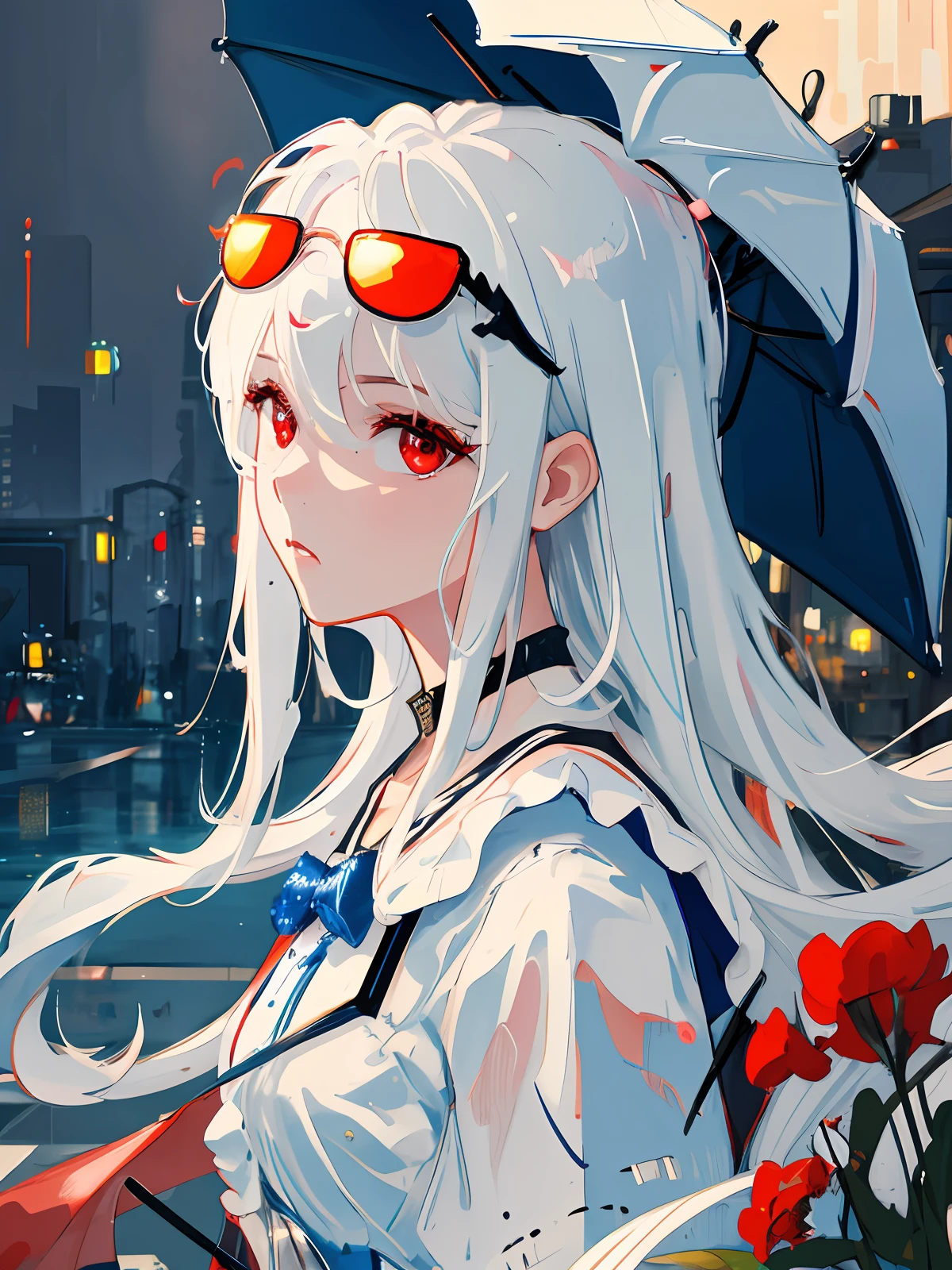 masterpiece, best quality, extremely detailed, cinematic lightning, intricate detail, highres, official art, finely detailed beautiful face and eyes, high resolution illustration, 8k, depth of field, bokeh, solo, 1girl, a girl with white hair and red eyes, long white hair, sunglasses, beautiful red eyes, beautiful landscape, rainy city, upper body, looking at viewer, close up