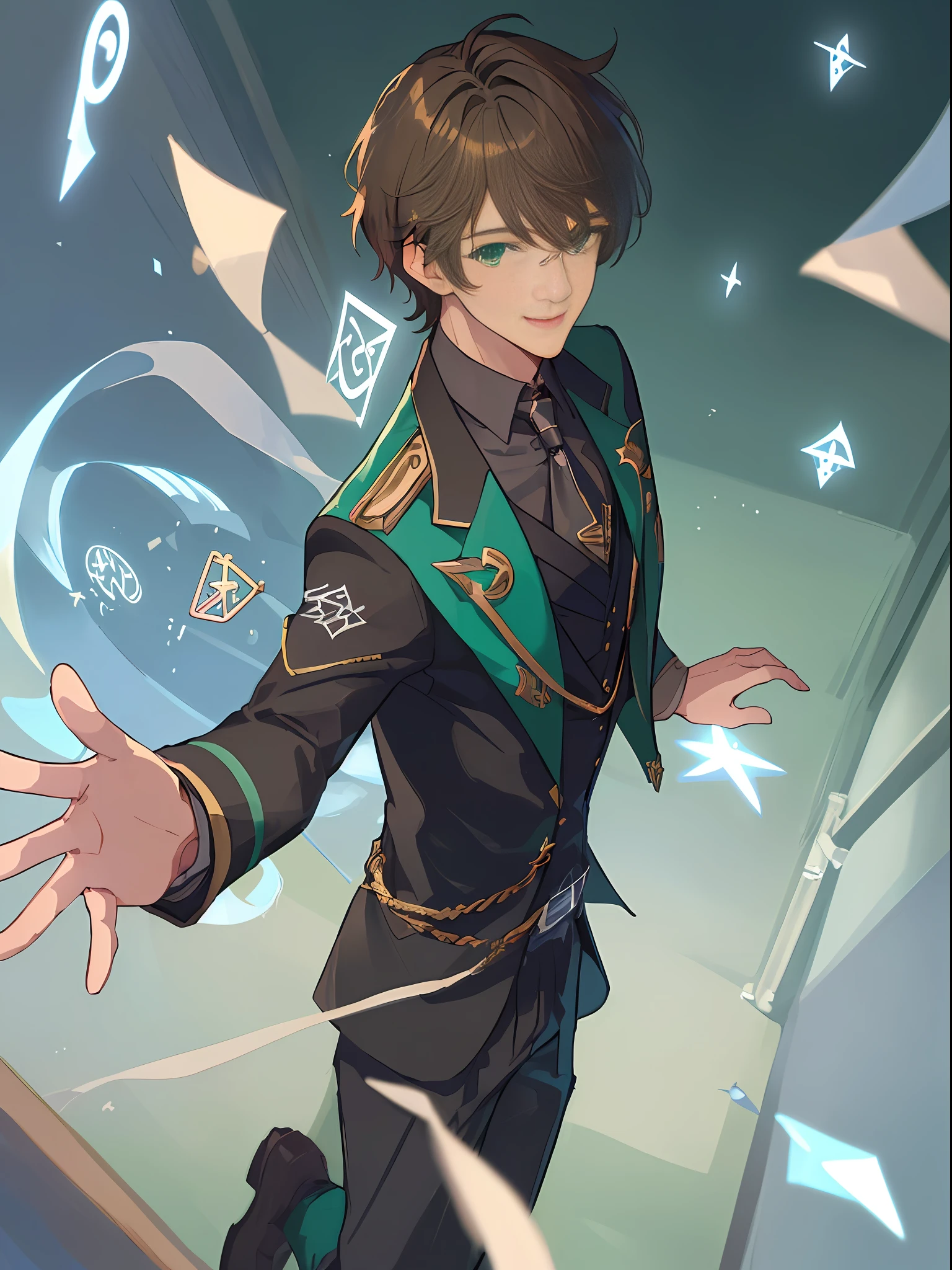 ((Masterpiece: 1.2, Best Quality)), Adult, 1 person, male, student, handsome, (runes in the air) ,(magical), short straight brunette hair, green eyes, smile, face, portrait, suit, (in the classroom)