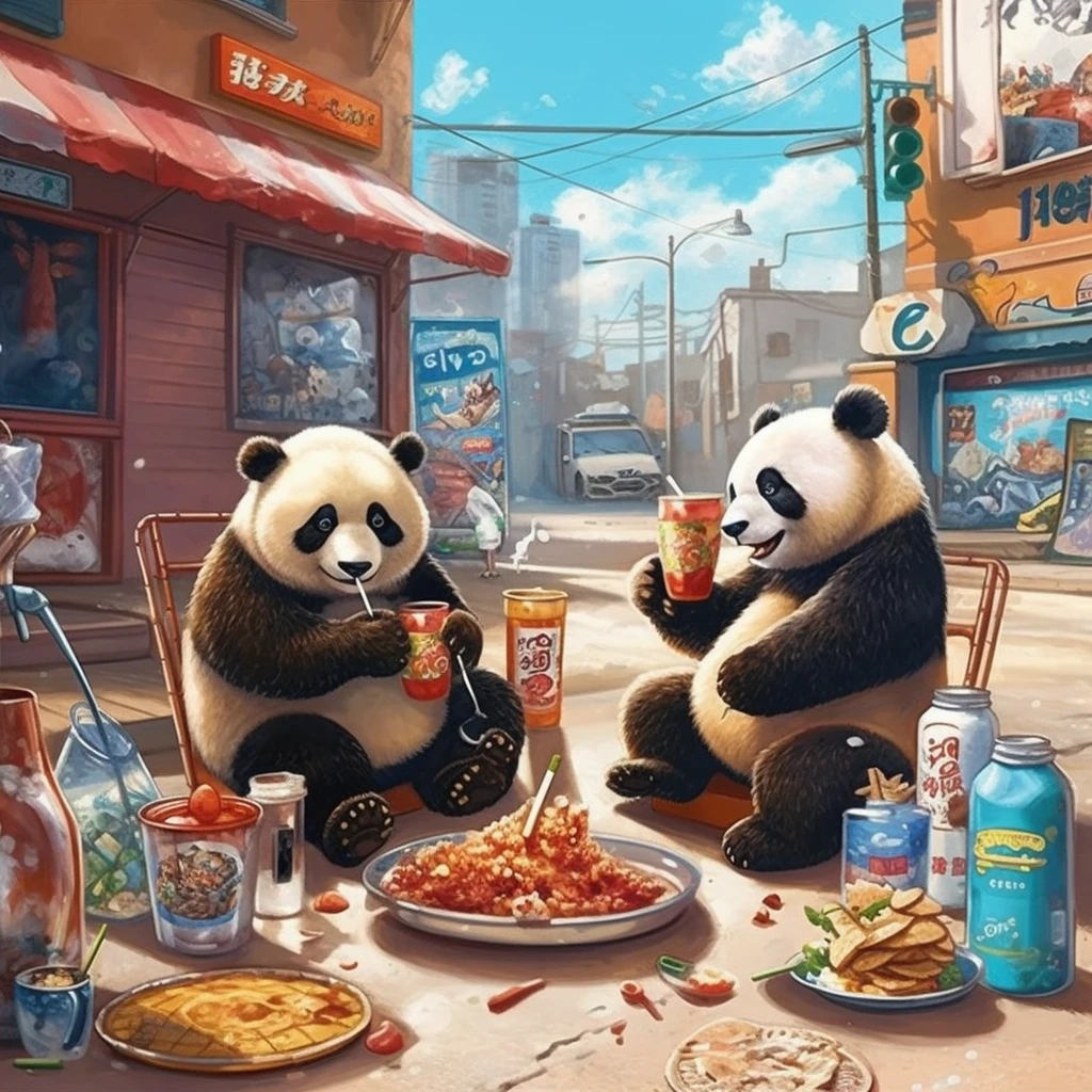 Panda and polar bear eating barbecue and drinking soda on the street
