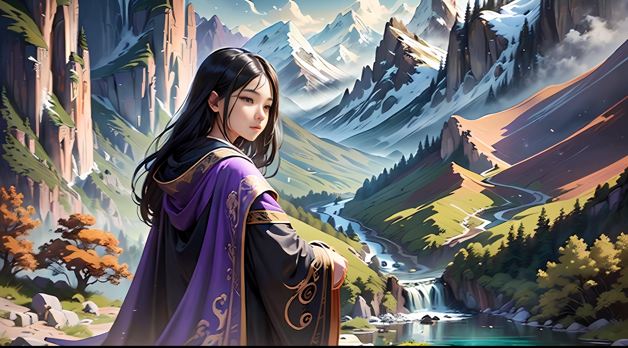 (exquisite painting style, dynamic lens effect), (a teenager, black hair, purple Taoist robe), (mountain wonder, distant mountain), (natural light, delicate details, ink sense), (beautiful scene details: stone, ancient wood, mountain stream), (depicting artistic conception: Taoist philosophical color)