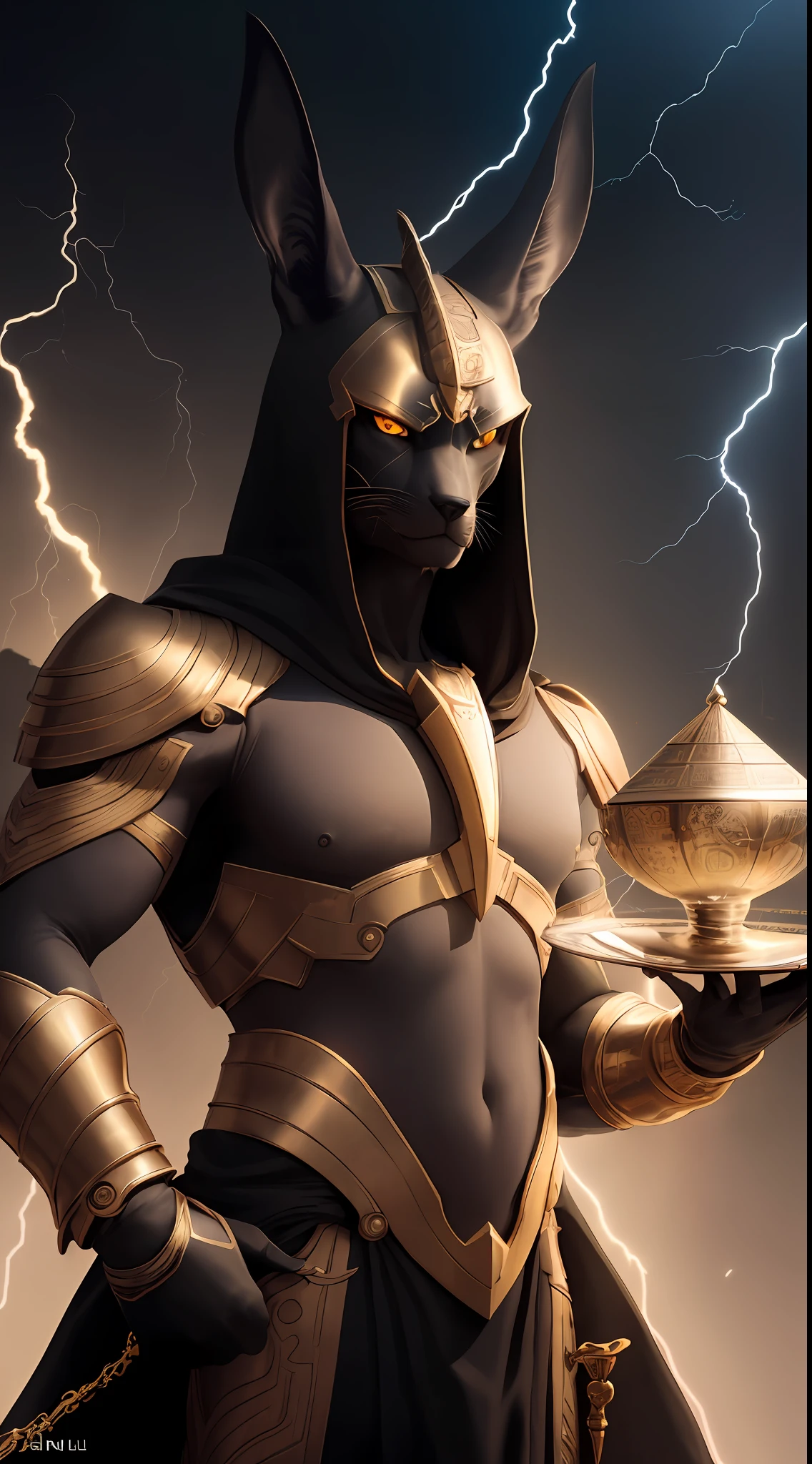 Three quarter view Anubis holding scales with his right hand, one plate on scale has something defining "Good", other plate on scale has something defining "Evil", evil side lower, anubis fierce eyes, (skindentation:1.5), Realistic, Photorealistic, (masterpiece:1.5), concept art, intricate details, highly detailed, photorealistic, octane render, 8k, unreal engine, dynamic pose, best quality, highres, (realistic face:1.1), (hyperrealistic:1.1), ((full_body)), perfect eyes, (((perfect hands))),((dynamic background)), ((lightning)), (light rays)