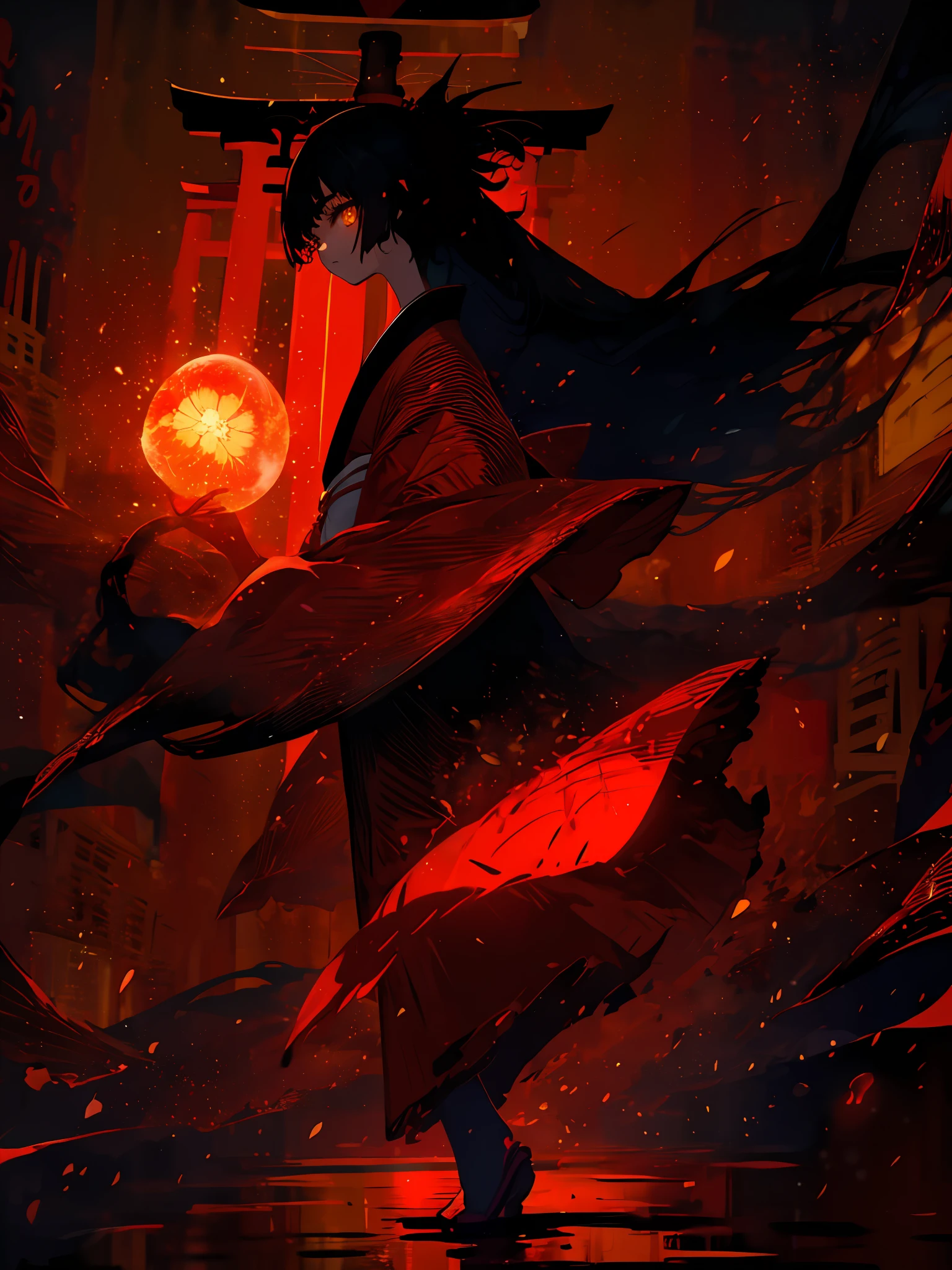masterpiece, best quality, ultra-detailed, absurdres, 1girl, yellow eyes, black hair, long hair, floating hair, detailed eyes, wide-eyed, eyelashes, looking at viewer, torii, red theme, kimono, walking, particles